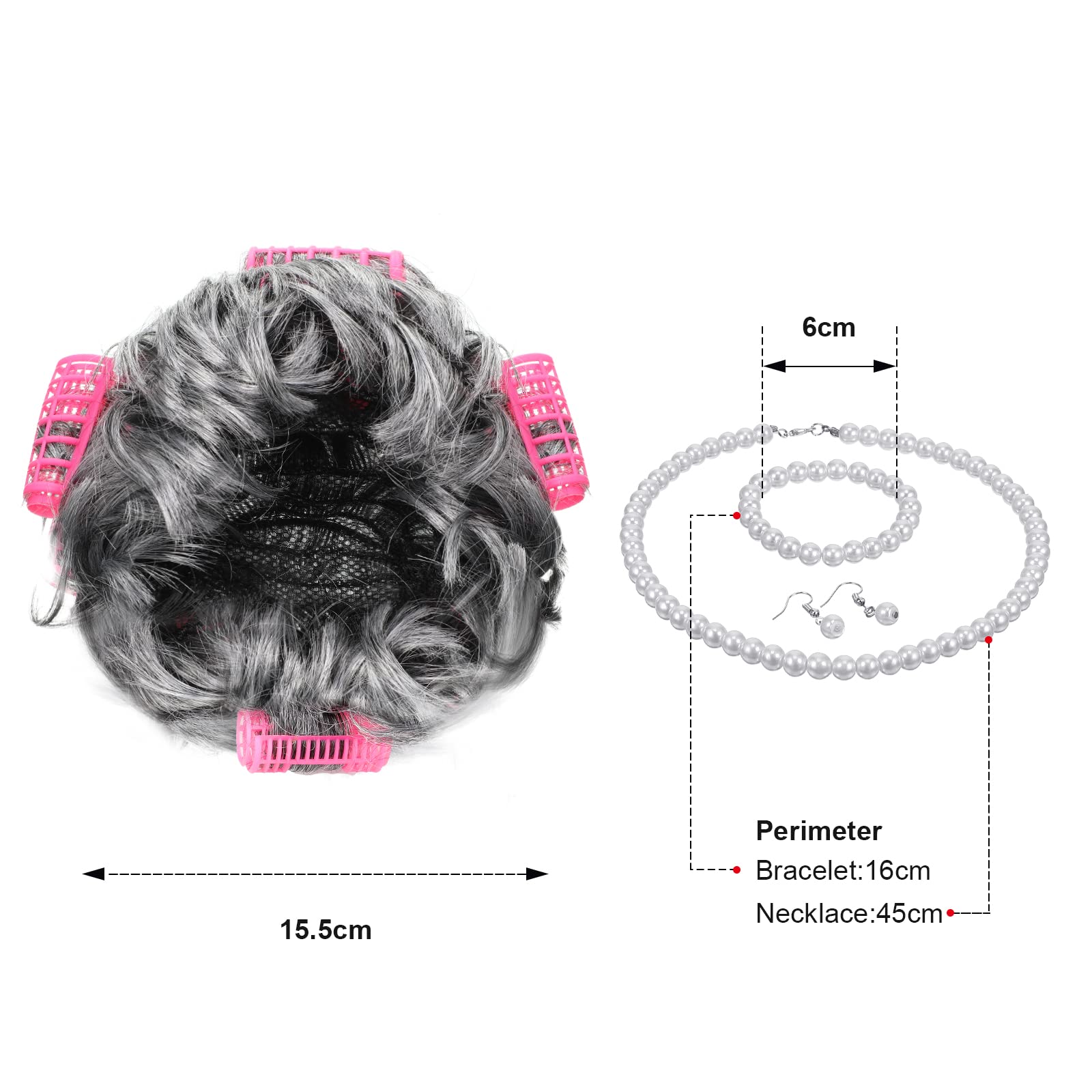 BBTO Old Lady Cosplay Set Grandma Gray Wig for Women Walking Cane Glasses Chain Cords Faux Pearl Bead Necklace(Gray Curly Wig wi