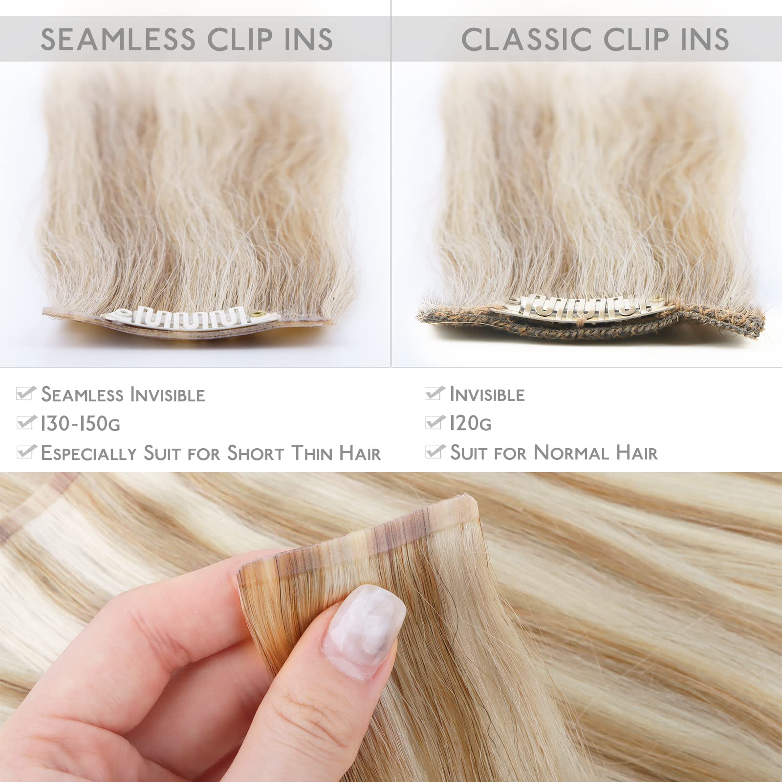 Wennalife Seamless Clip In Hair Extensions, 14 Inch 130G 7Pcs Dirty Blonde Highlighted Bleach Blonde Hair Extensions Clip In Hum