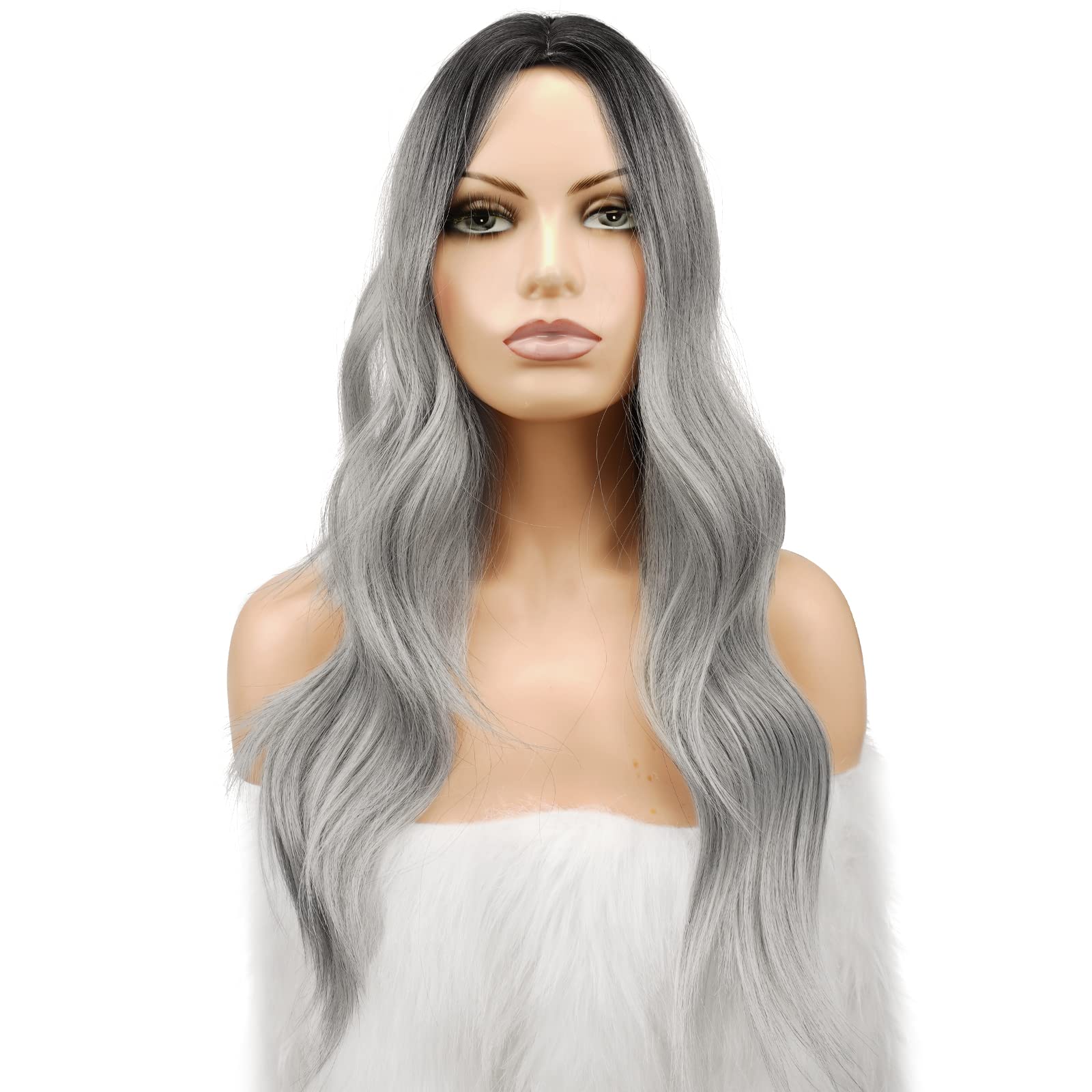 Feshfen Long Ombre Gray Wigs For Women 22 Inch Black Root To Grey Long Wavy Full Wig Middle Parting Wigs Natural Looking Synthet