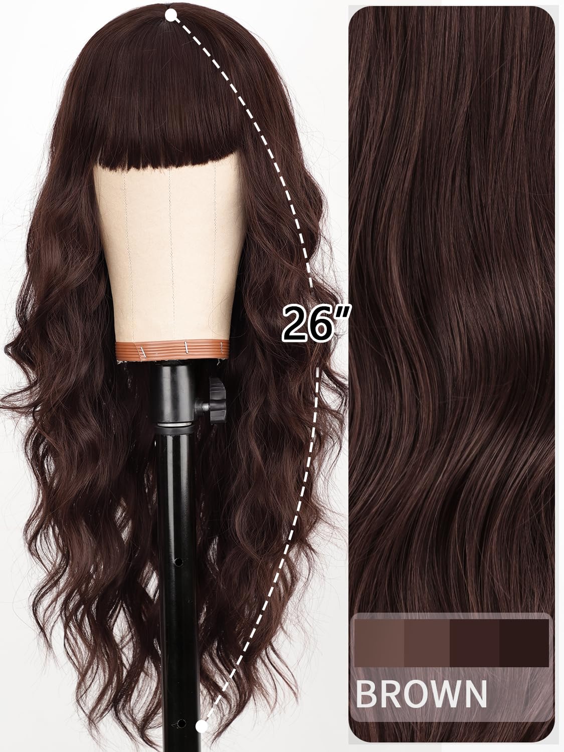 Aisi Hair Brown Wig With Bangs Long Wavy Synthetic Wig For Women With Daily Party Use
