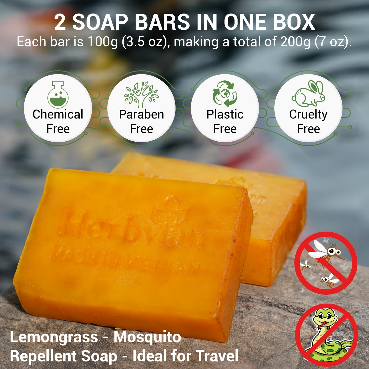 Herbvian 100% Natural Turmeric Soap Bar For Face And Body, Warmth Lemongrass Mosquito Repellent Soap, Vietnamese Back Acne Bath