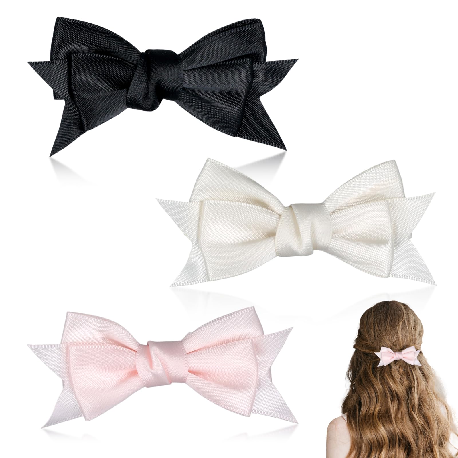 3pcs Bow Knot Hair Clips, Black Pink Off White Bow Tie Barrettes Smooth Satin Kawaii Ribbon Clips Multi-Layer Design Bow Clips H