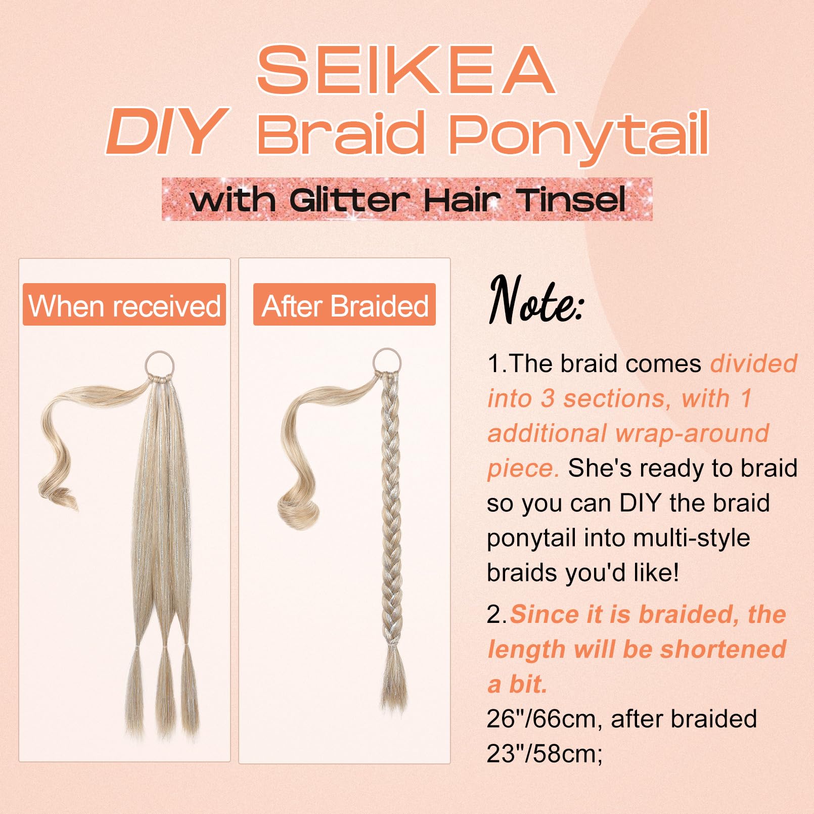 Seikea Braid Ponytail Extension With Glitter Hair Tinsel, 2Pcs 26'' Long Straight Diy Braid Hair Extension With Hair Tie, Wrap A