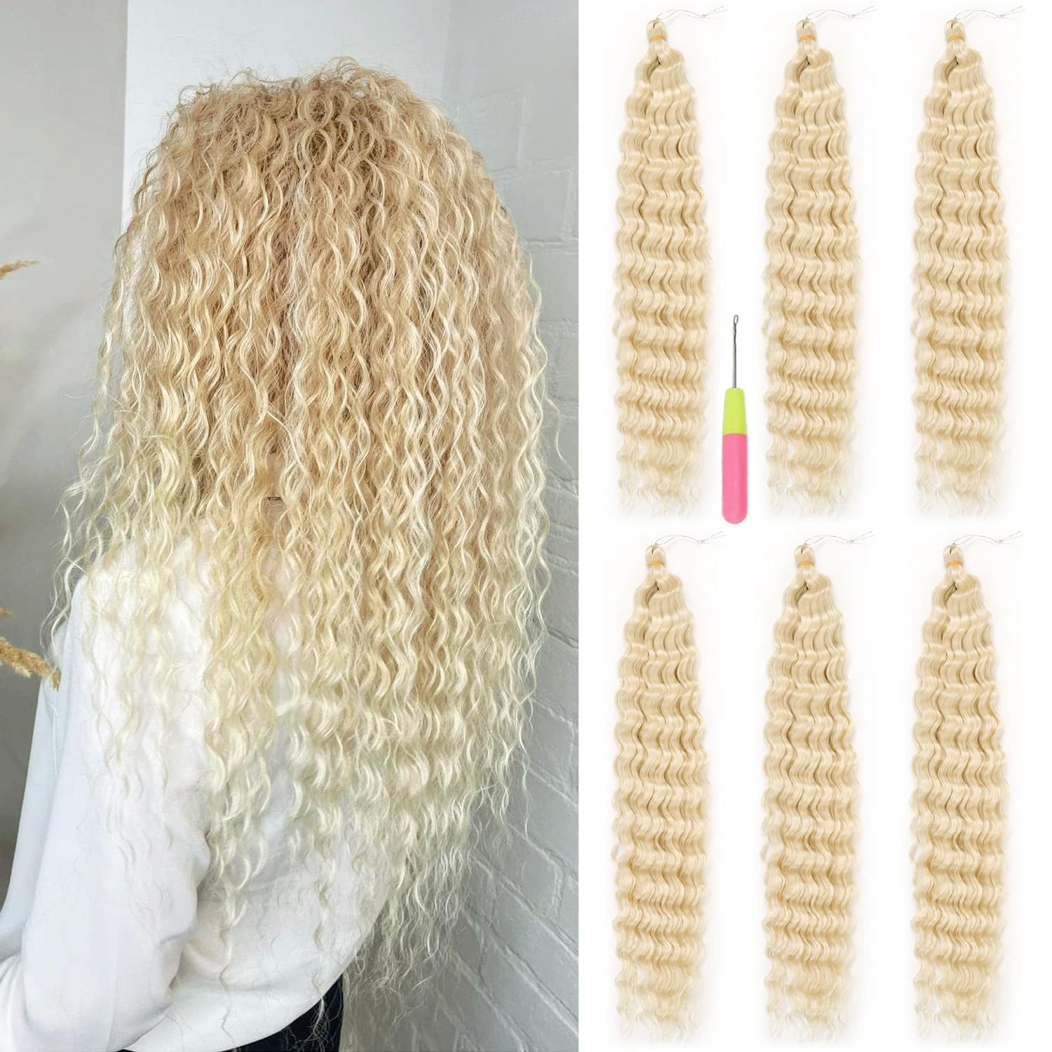 Blonde Ocean Wave Crochet Hair, 22inch 6Packs Crochet Hair Curly Blonde, Synthetic Deep Wave Crochet Hair Extensions for Women #