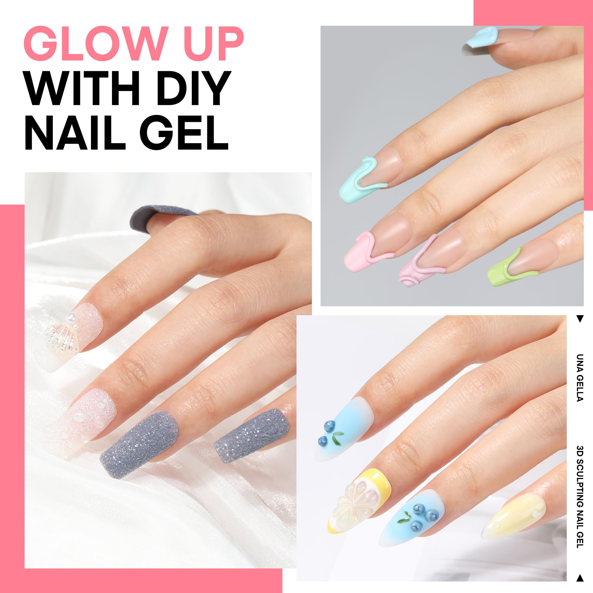 Una Gella 3D Gel Nail Art, Sculpting Gel Nail Glue 15G For Nail Tips, Chrome Nail Powder And Nail Charms, 4 In 1 No Wipe Clear G