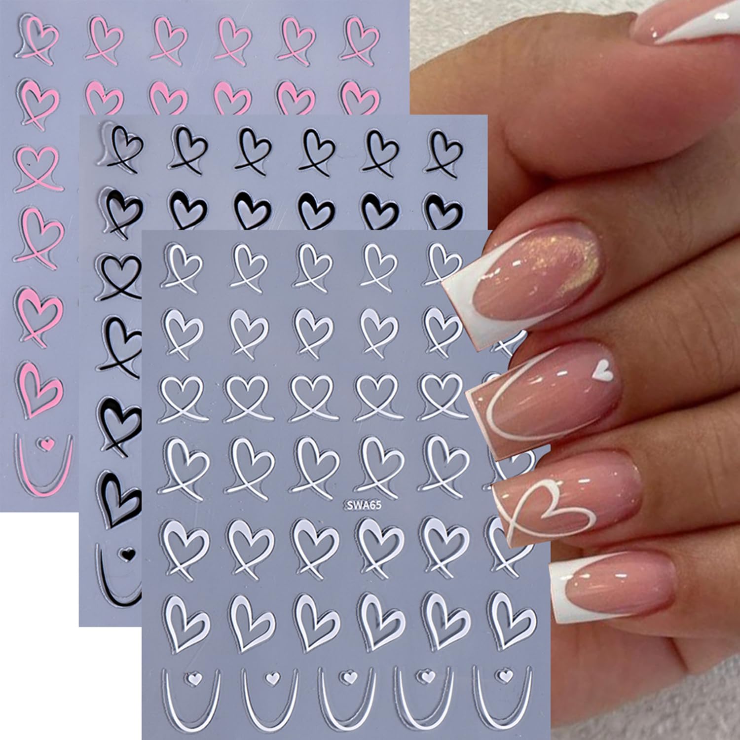6 Sheets Heart Nail Stickers Valentines Day Nail Art Stickers 3D White Pink Black Love Nail Decals Self Adhesive Simple French H