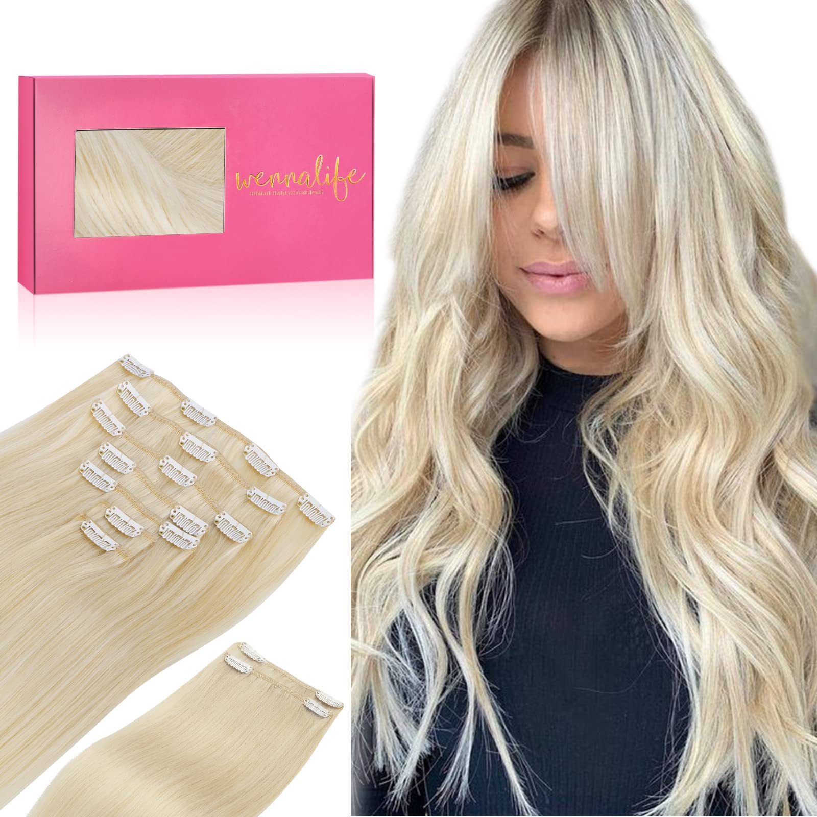 Wennalife Clip In Human Hair Extensions, 18 Inch 150G 9Pcs Clip In Hair Extensions Real Human Hair, Platinum Blonde Human Hair C