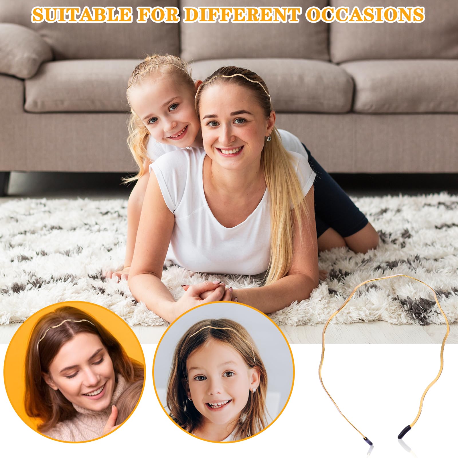Tyqour 2Pcs Gold Headbands for Women Thin Metal Hair Band Retro Big Wavy Headband Hair Styling Accessories for Women Teen Girls