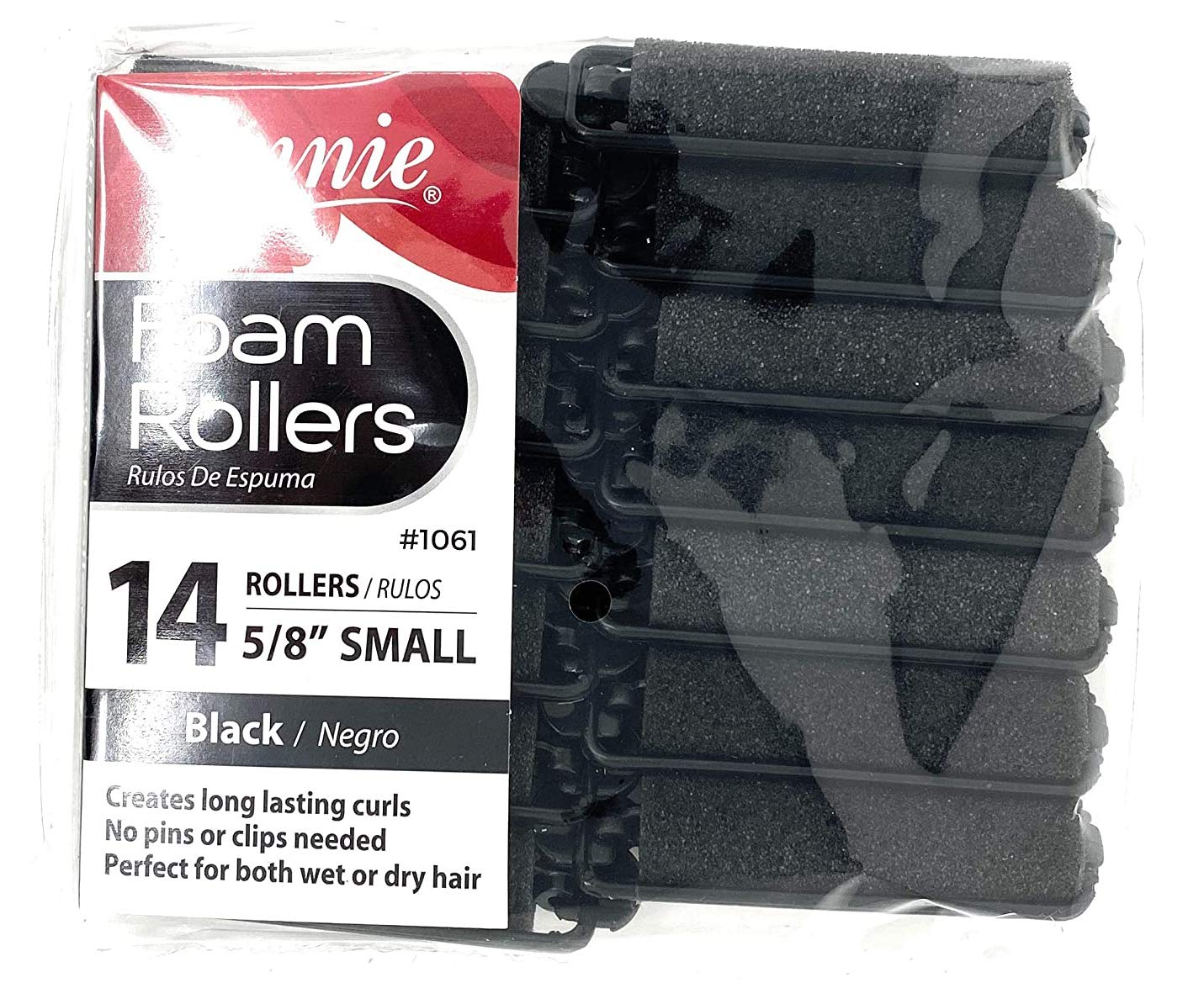 Annie- Salon Style Small Foam Hair Rollers - (5/8) Black - (14) Piece Set - Soft Heat-less Hair Curling Tools
