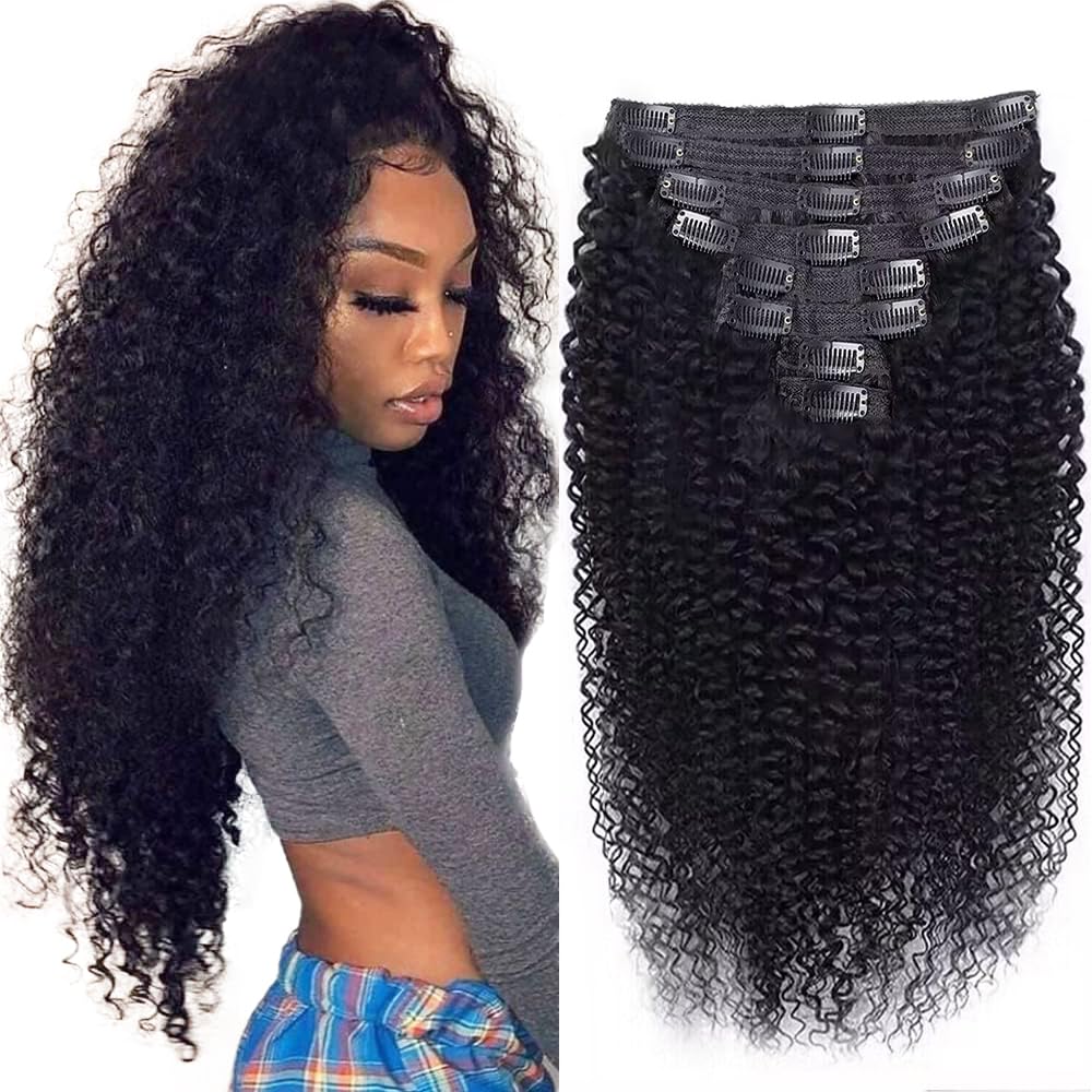 Cecycocy Clip In Extension 3C 4A Kinky Curly Full Head for Black Women Brazilian Remy Human Hair Natural Color 8Pcs with18clips 