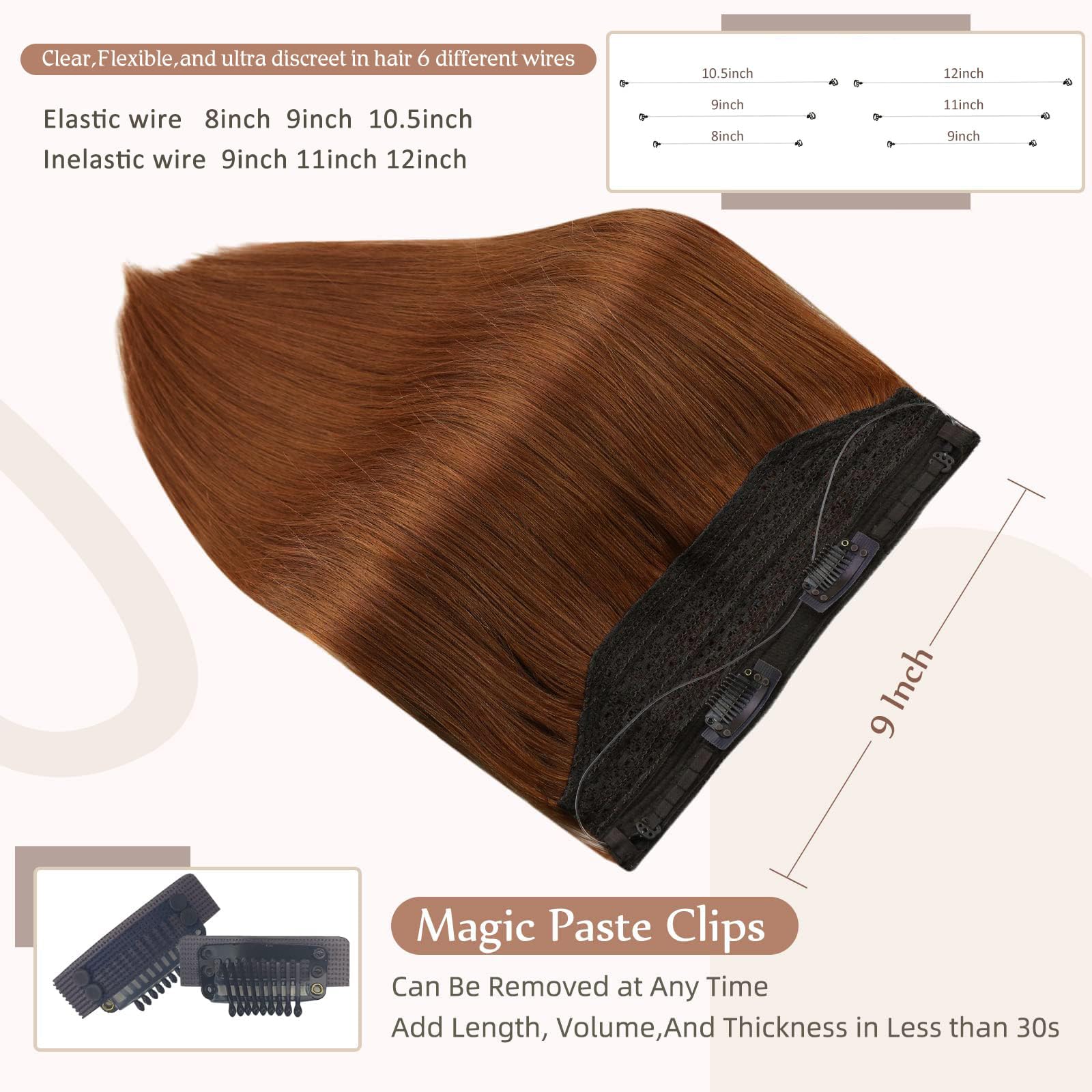 Fshine #550 Wire Hair Extensions Human Hair Pumpkin Spice Invisible Hair Extensions Real Human Hair Copper Red Fish Line Hair Ex
