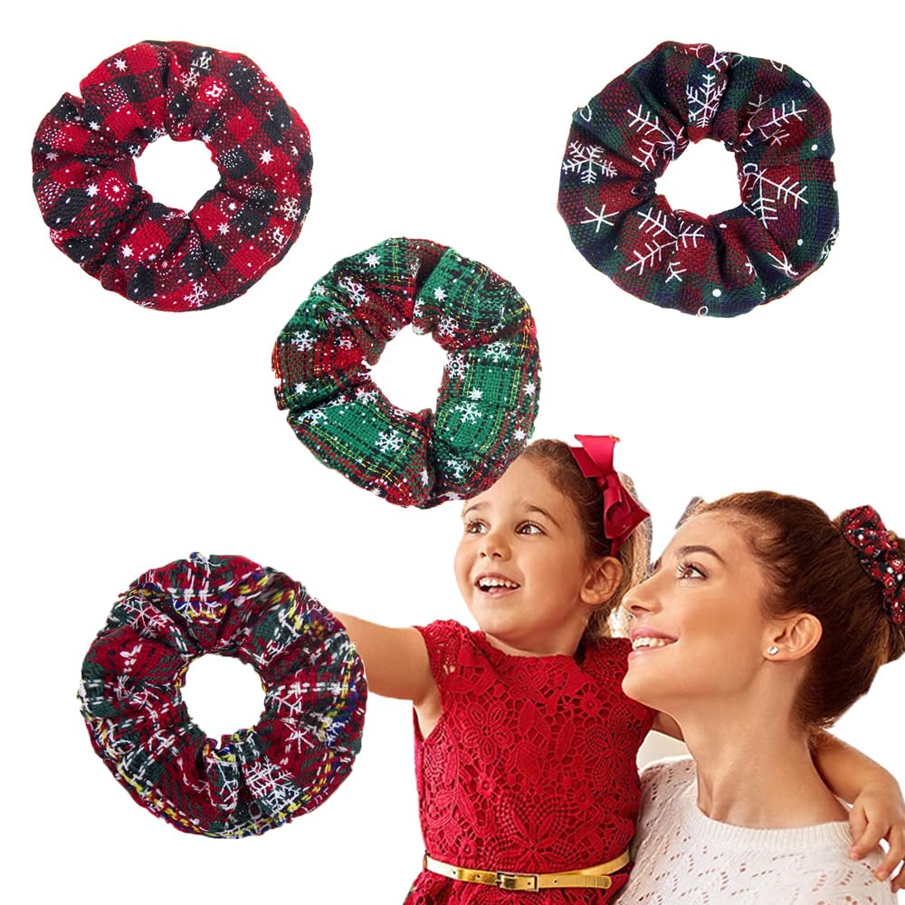 4 Packs Christmas Scrunchies Hair Bands Soft Elastic Hair Ties Plaid Hair Scrunchy Ties Snowflake Print Design Hair Scrunchy Chr