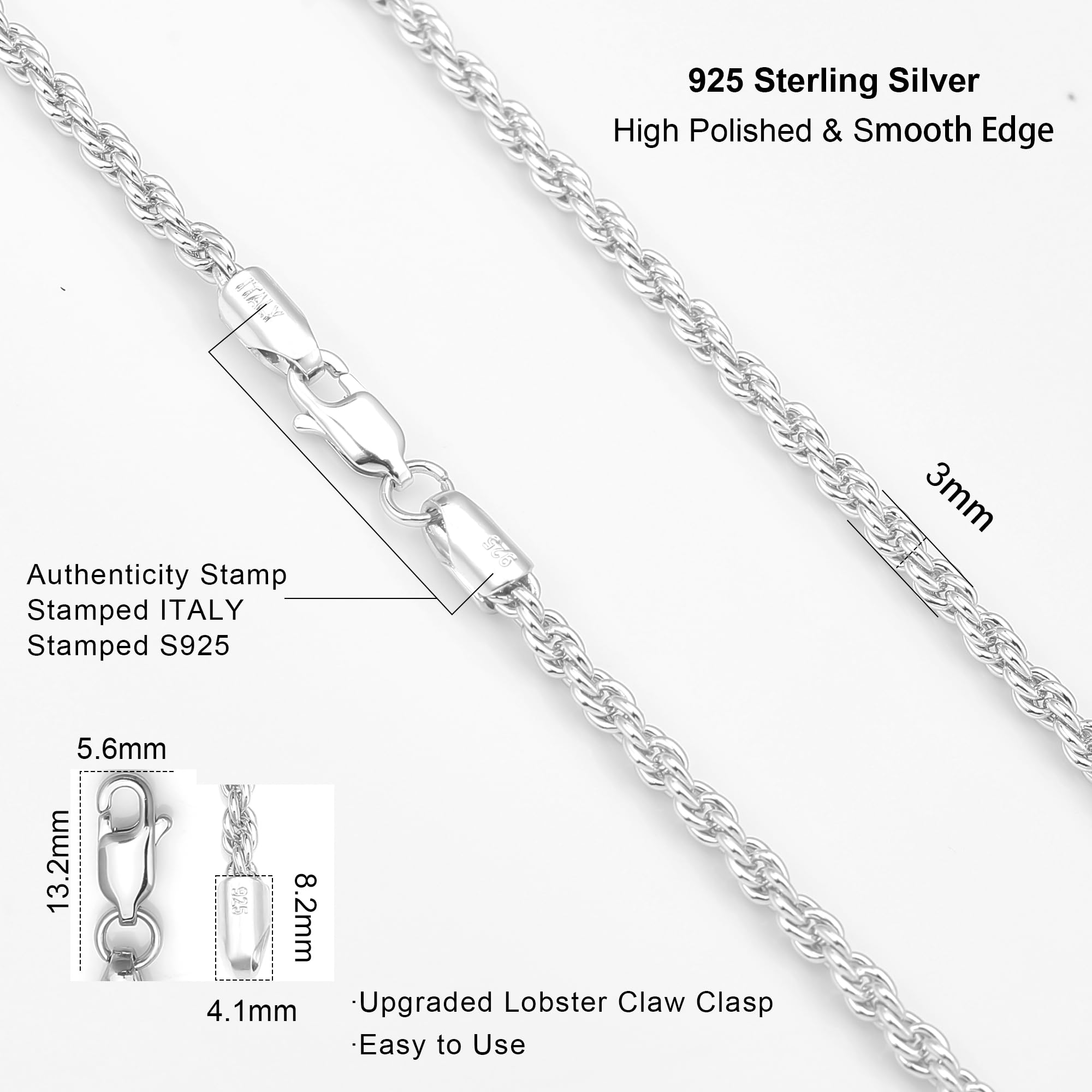 Waitsoul 925 Sterling Silver Rope Chain Lobster Clasp 3mm Silver Chain for Women Men Silver Necklace Chain 24 Inch