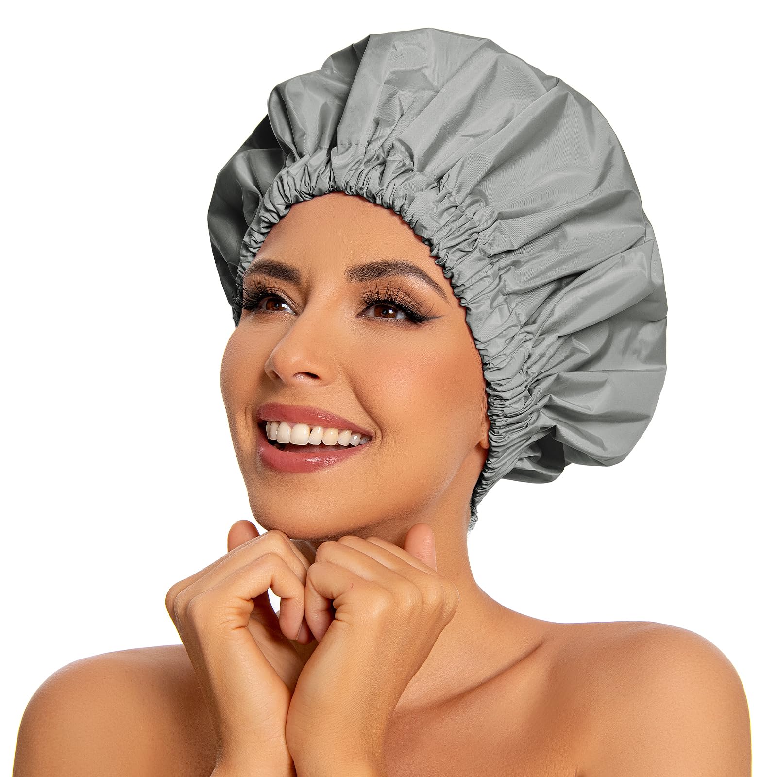 Reusable Shower Cap For Women, Large Waterproof Shower Bonnet Washable Elastic Band Bath Hair Hat For Long Hair, Braids(Dark Gre
