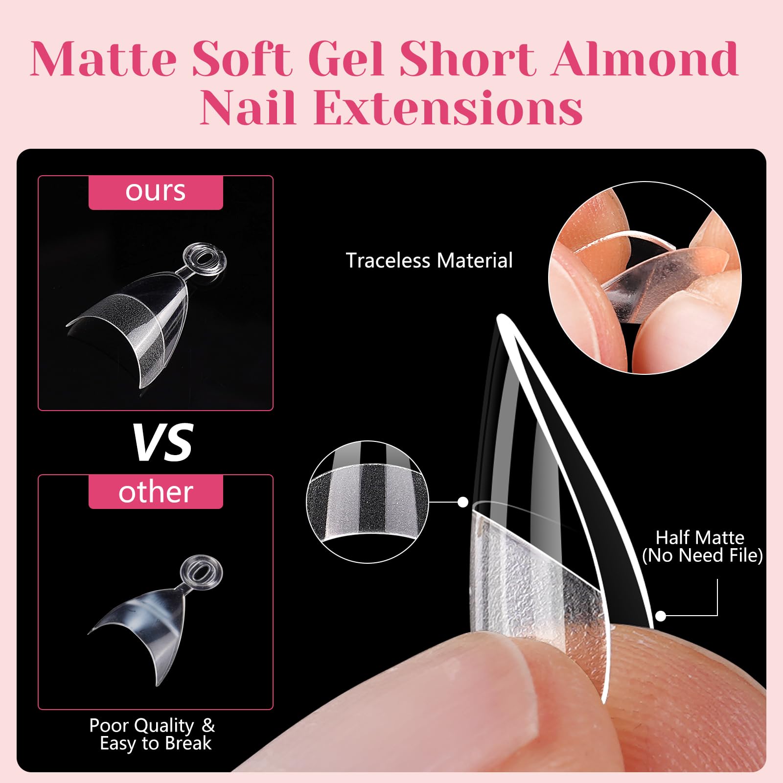 Lionvison Short Almond Nail Tips Half Cover, 600Pcs Extra Short Almond Soft Gel Nail Tips, Pre-Shaped Clear False Nails With Han