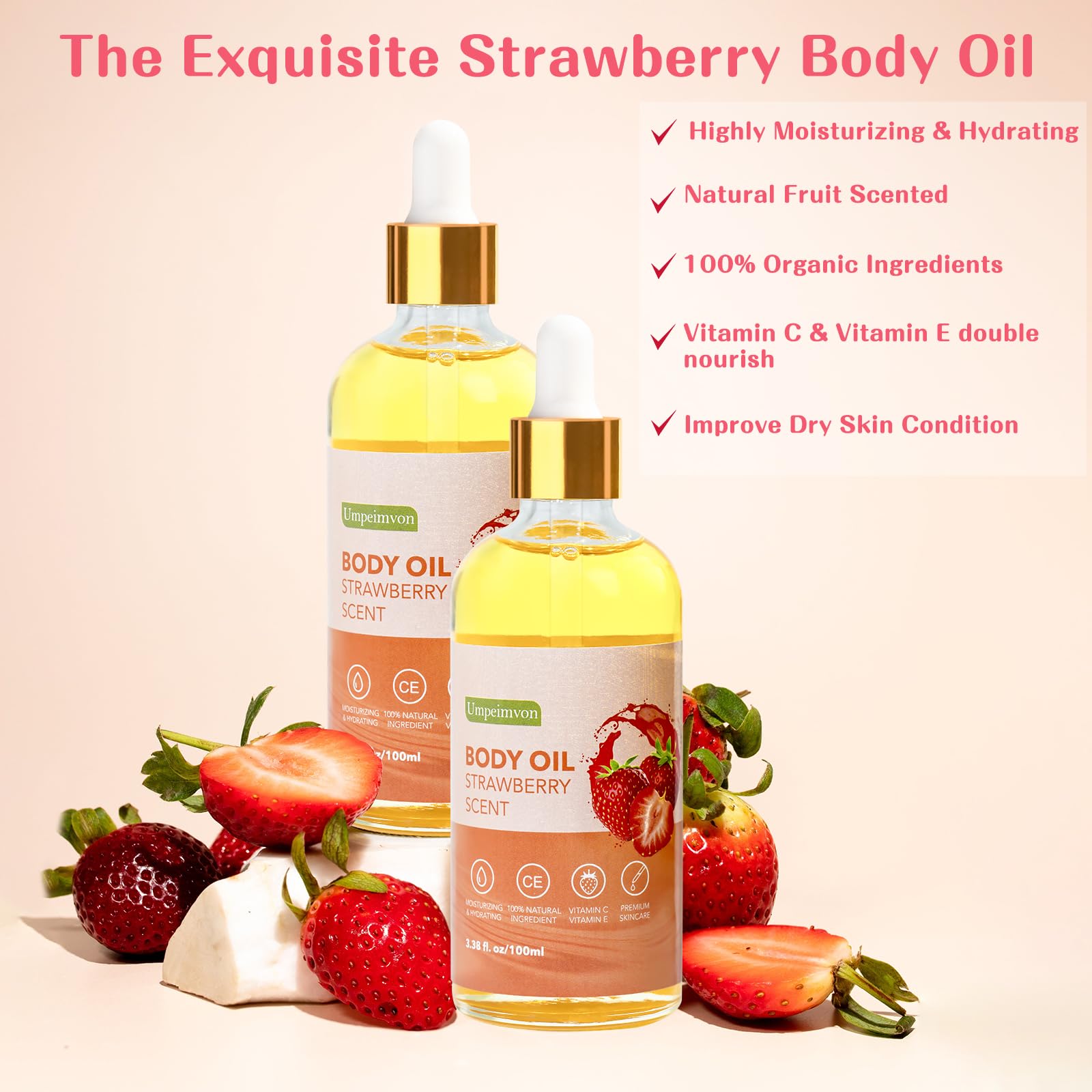 Umpeimvon 2 Pack 3.38 Fl.Oz Strawberry Body Oil After Shower, Vitamin C & E Gua Sha Body Oils Scented Body Oils For Women, Dry B