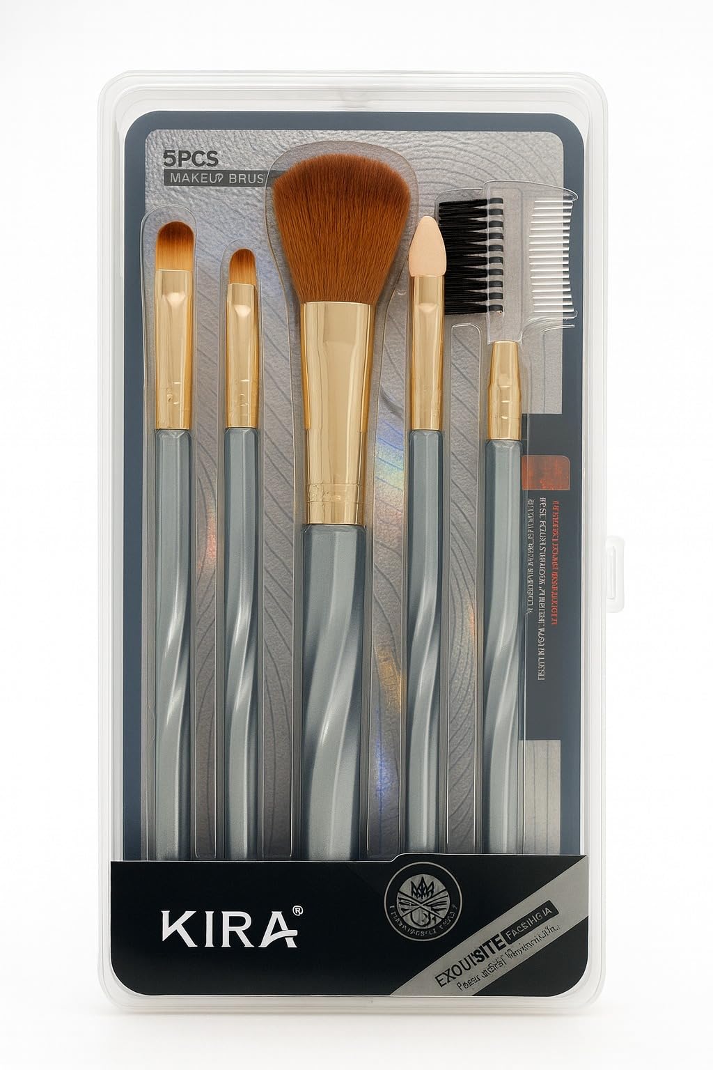 Kira 5Pcs Makeup Brush Set With Plastic Case  Soft Bristles, Multicolour Handle Powder, Eyeshadow, Lip, Eyebrow & Lash Brushes