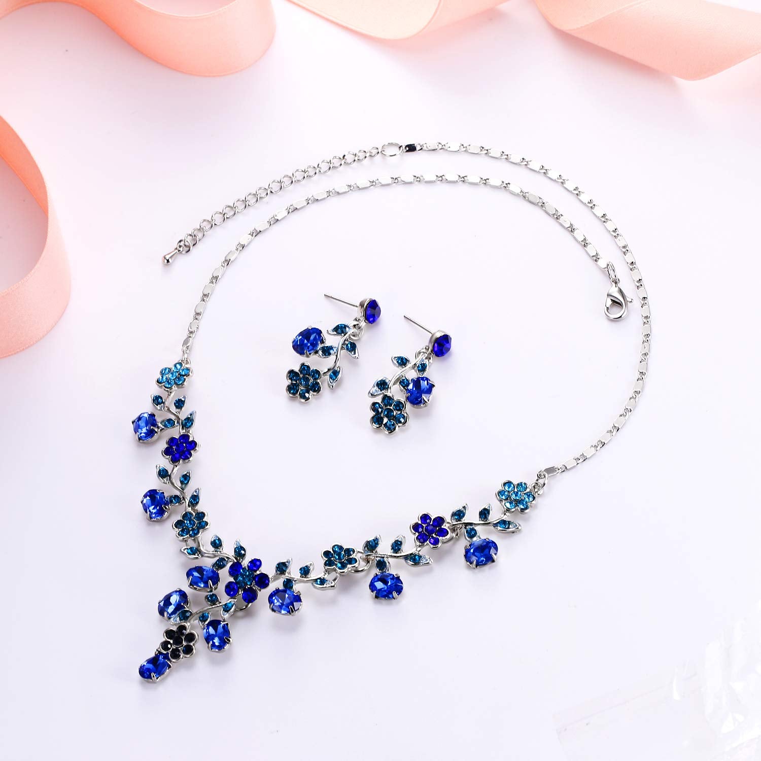 EVER FAITH Bridal Jewelry for Bride, Austrian Crystal Cluster Flower Leaf Wedding Necklace Earrings Sets Blue Silver-Plated-Base