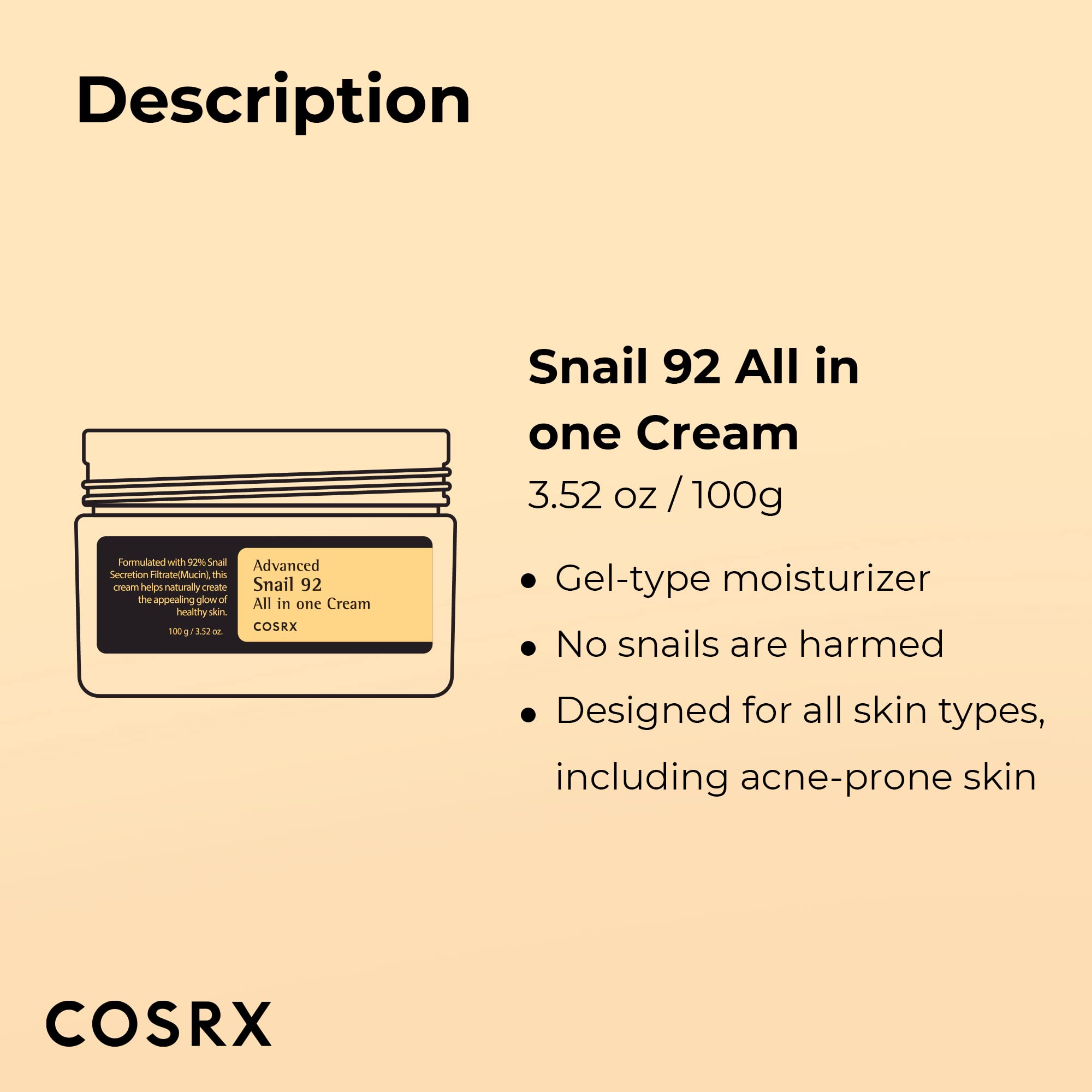 COSRX Snail Mucin 92% Face Moisturizer, 3.52 Oz, Lightweight Moisturing Cream for Soft, Glowy Skin, Korean Skin Care, Korean Moi