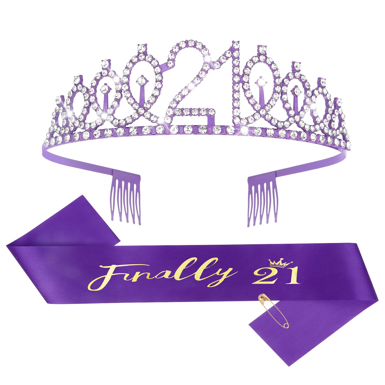 CIEHER Purple 21st Birthday Sash and Tiara, 21st Pruple Birthday Decorations for Her 21st Birthday Gifts Purple 21st Birthday Sa