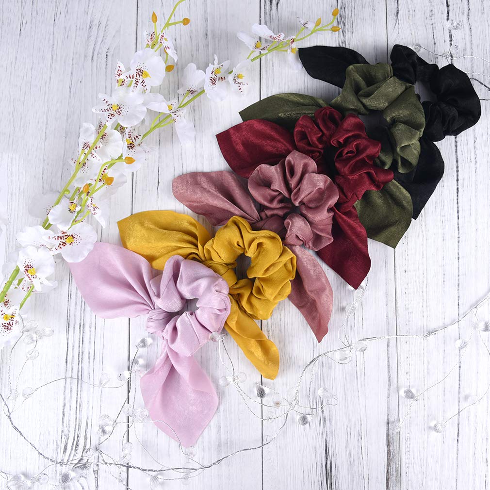 Aileam 6Pcs Hair Scrunchies Satin Silkrabbit Bunny Ear Bow Bowknot Scrunchie Bobbles Elastic Hair Ties Bands Ponytail Holder For