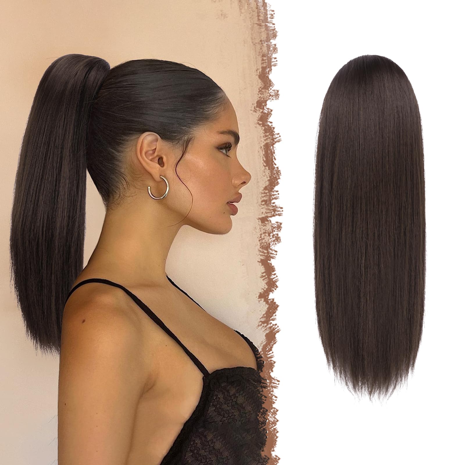 FESHFEN Straight Ponytail Extensions Long Drawstring Synthetic Hair Pieces Natural Clip in Ponytails Hairpieces for Women, Brown