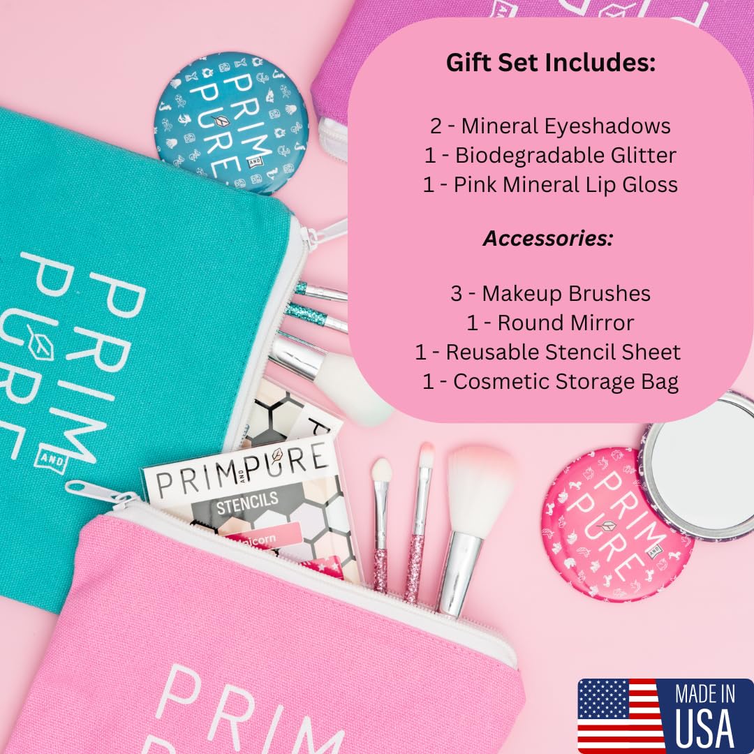 Prim And Pure Kids Makeup Gift Set - Stencil, Makeup Eyeshadow Bioglitter Lip Gloss And Cosmetic Bag Mirror Makeup Brush Accesso