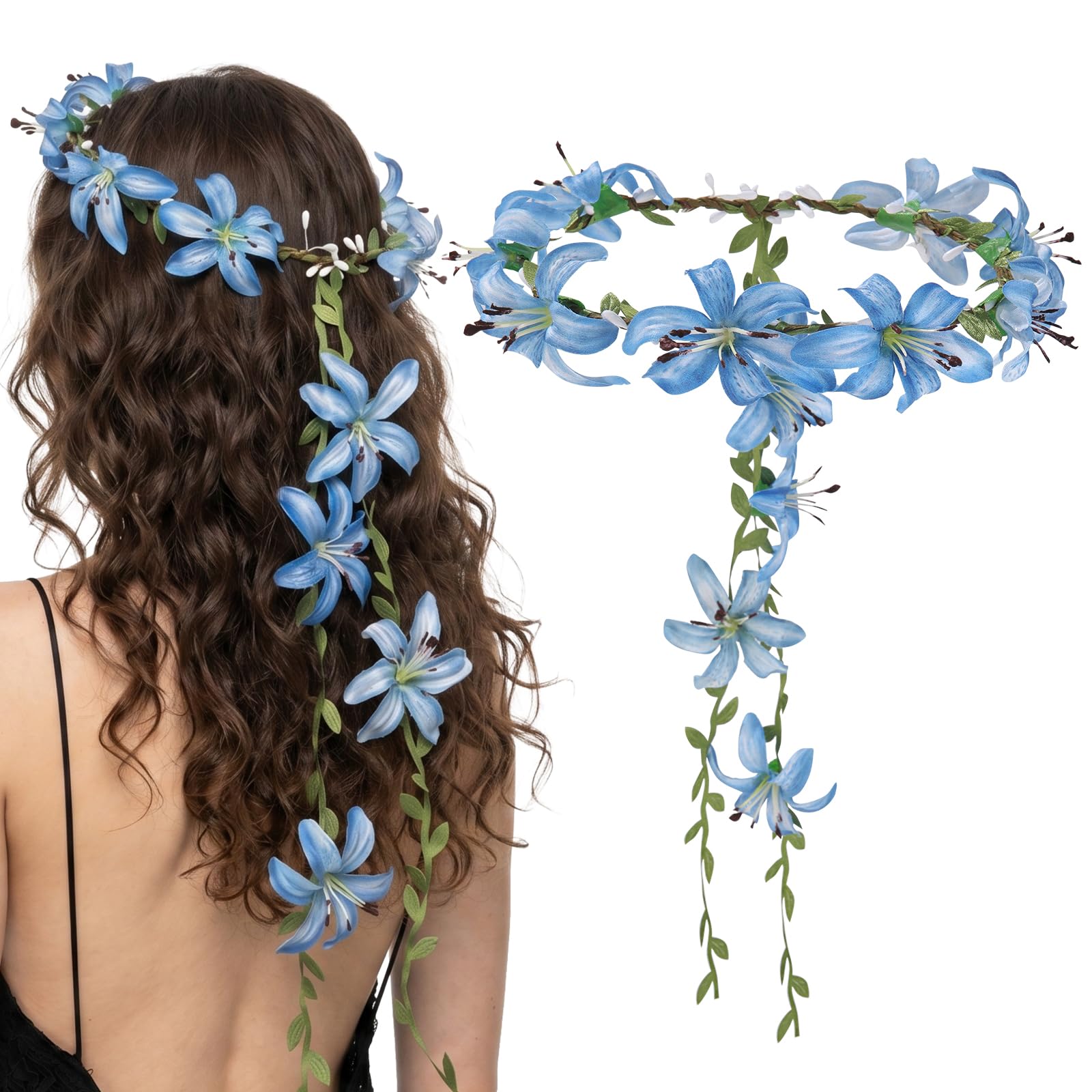 AWAYTR 2Pack Lily Flower Crown with Ribbon Tail, Boho Floral Headband