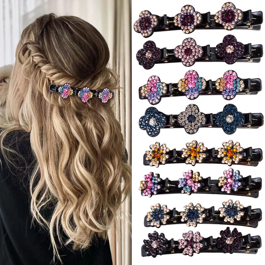 Sparkling Crystal Stone Braided Hair Clover Clips for Thick Thin Hair, Girls / Women Hair Accessories for Styling Sectioning, La