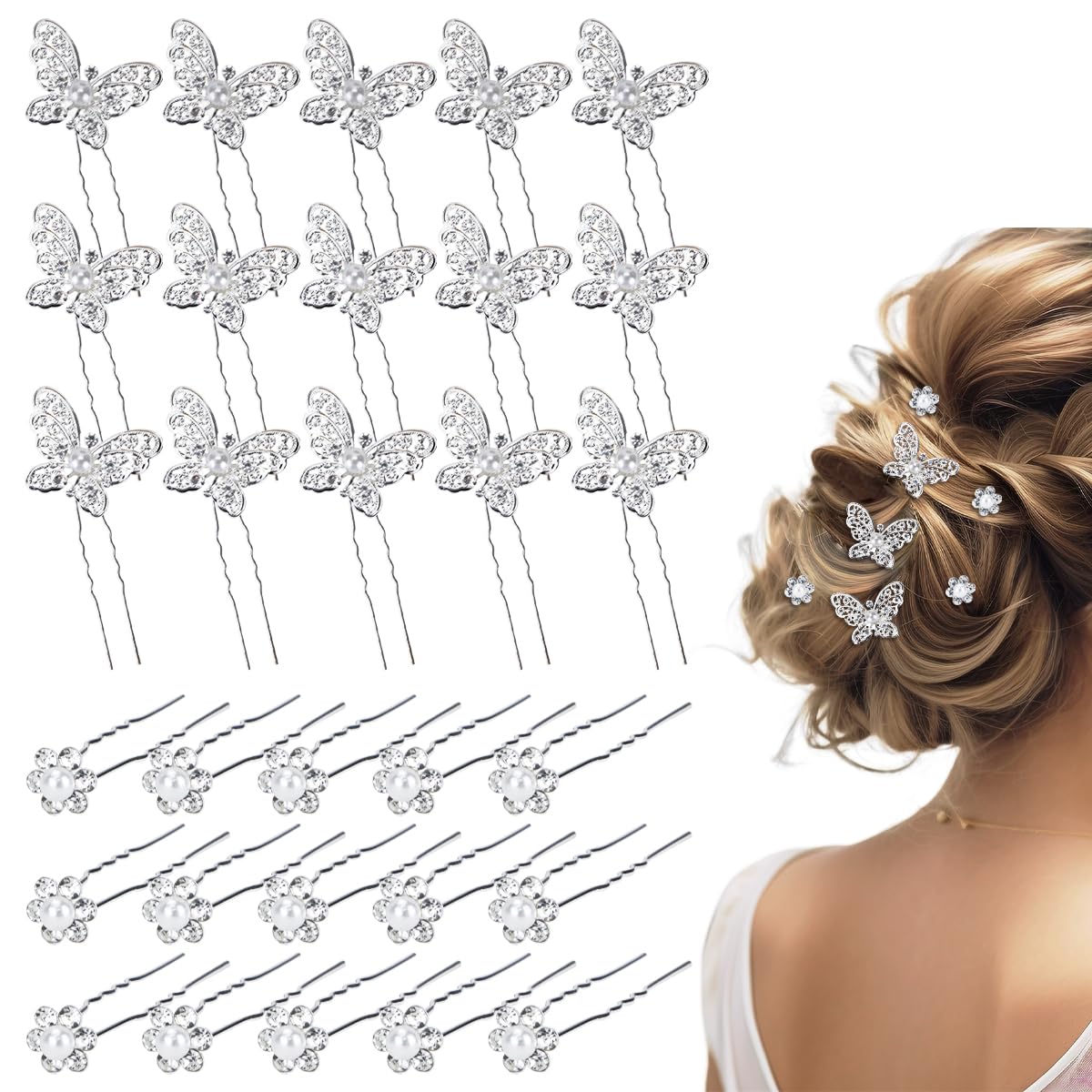 30Pcs Butterfly Wedding Hair Pins, FHDUSRYO Shiny Bridal Hair Clips, Crystal Pearl Butterfly Flower Hairpin, U Shaped Rhinestone