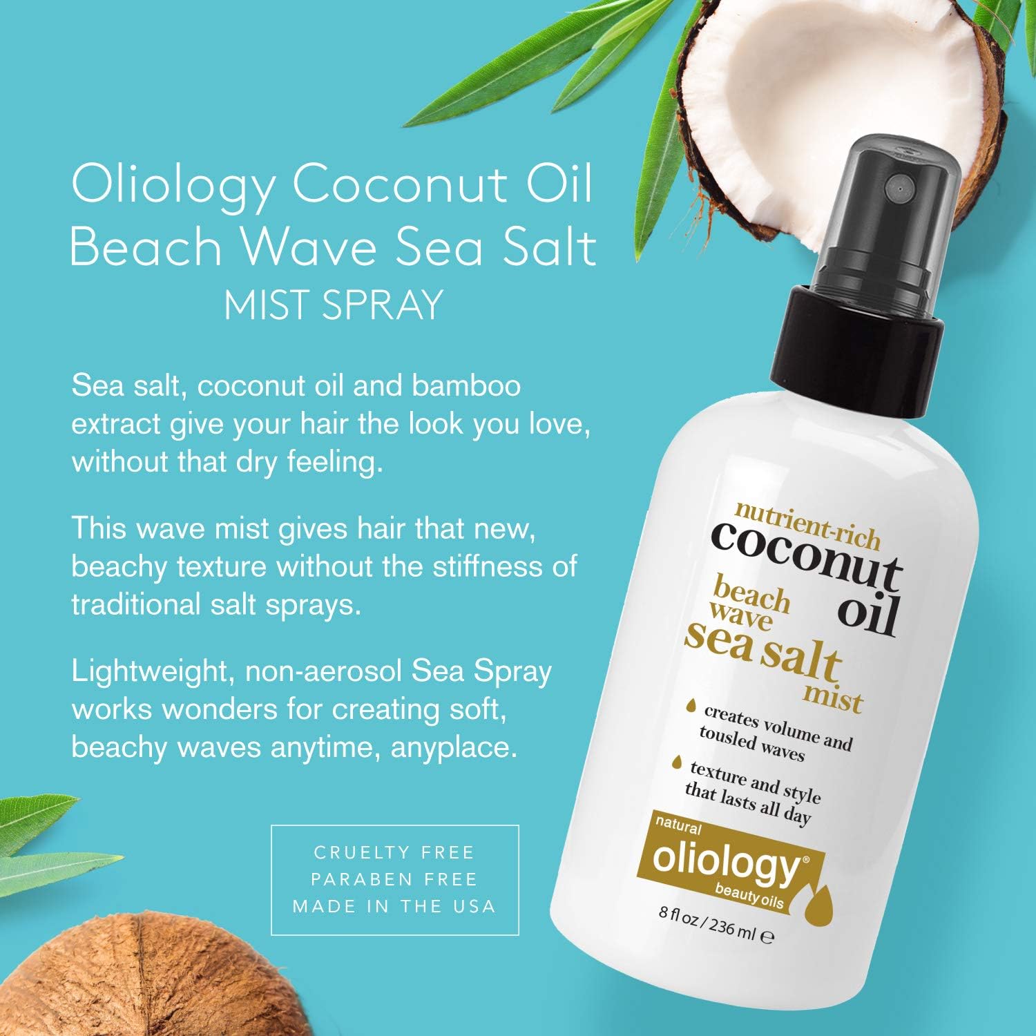 Oliology Coconut Oil Beach Wave Sea Salt Mist Spray - Light Mist Gives Hair Soft Beachy Waves Without Stiffness | Creates Volume