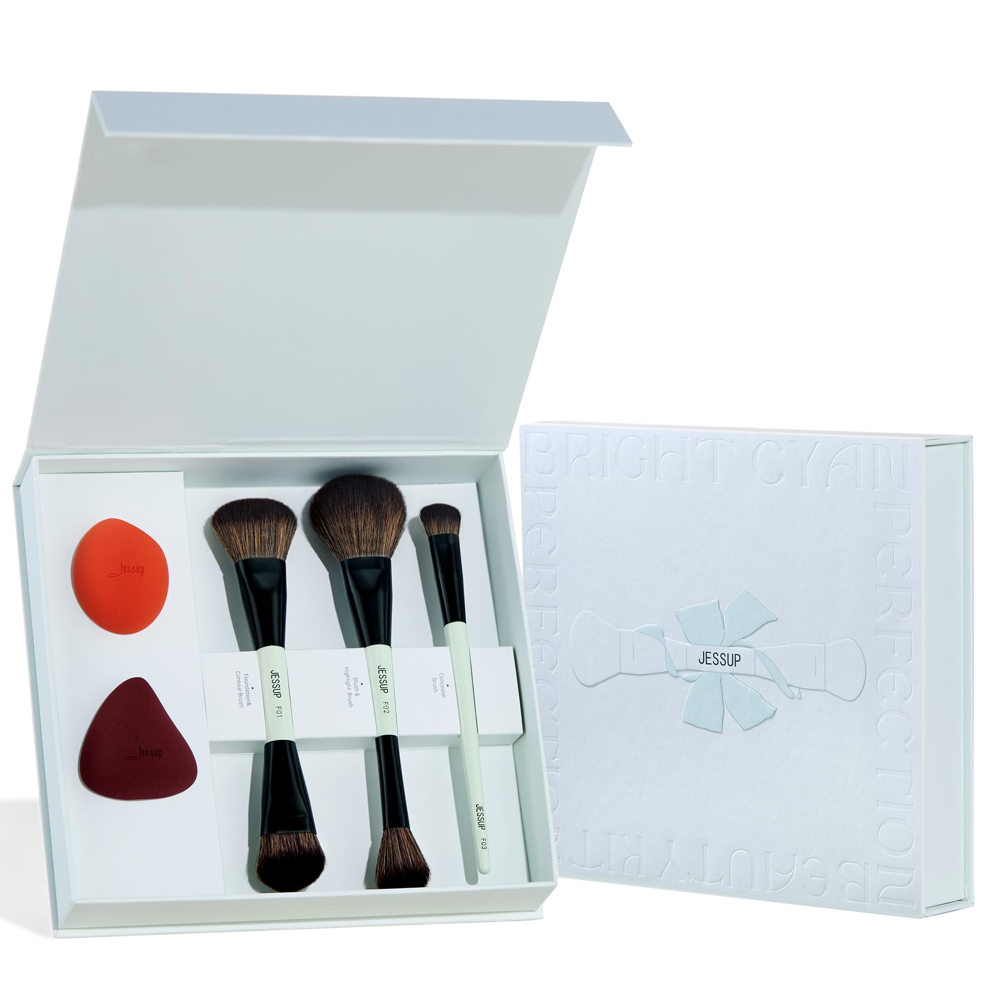 Jessup Face Makeup Brushes With Makeup Sponge, 3Pcs Double Ended Makeup Brush For Foundation Contour Blush Highlight And Conceal