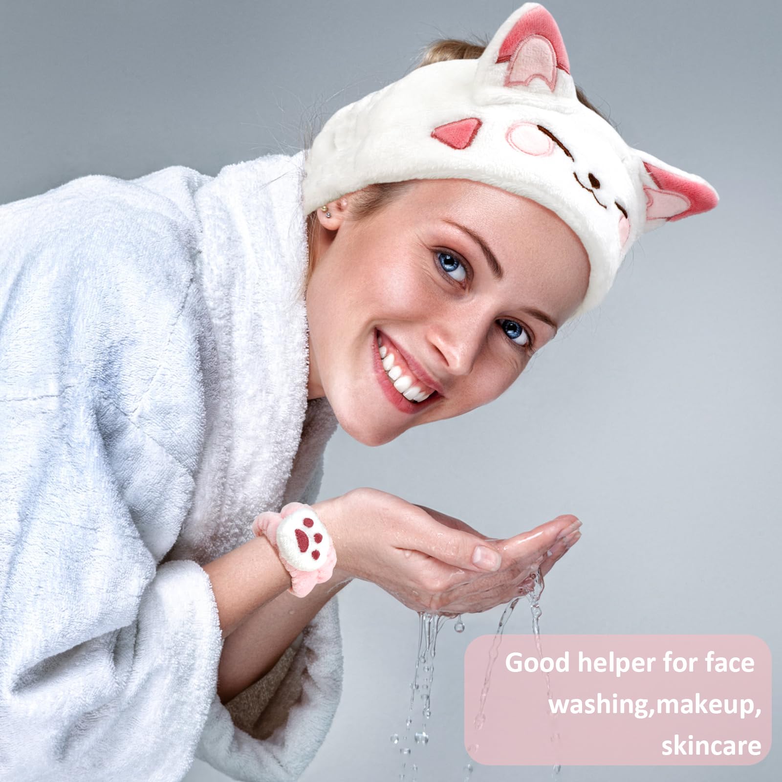 Canitor Face Wash Headband With Wrist Bands Soft Coral Fleece Spa Headband Makeup Headband Cute Animal Cat Ears Elastic Skincare