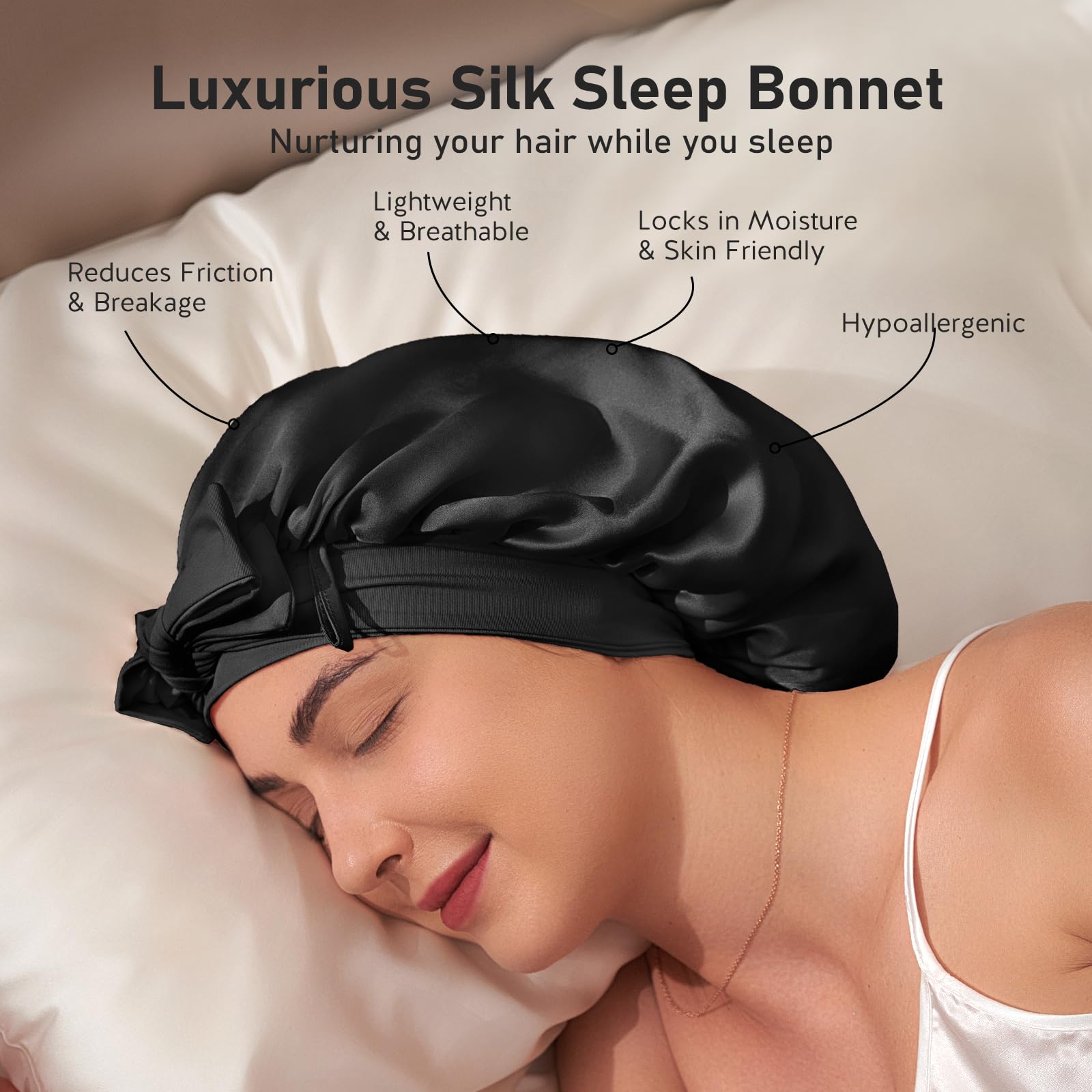 Litbear 100% Mulberry Silk Bonnet For Sleeping Women, 6A 22 Momme, Large Double-Layer Silk Hair Wrap With Tie Band, Non-Slip Sil