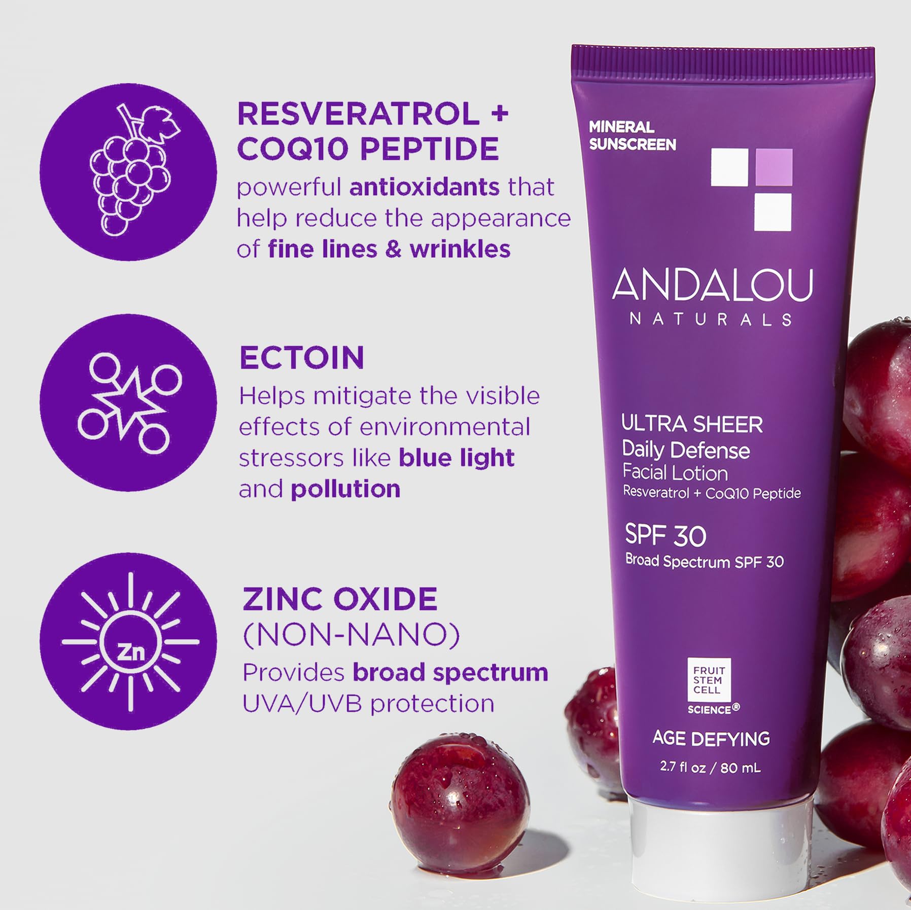 Andalou Naturals Age Defying Face Sunscreen, Spf 30 Zinc Oxide Mineral Sunscreen, Ultra Sheer Daily Defense Face Lotion, Helps H