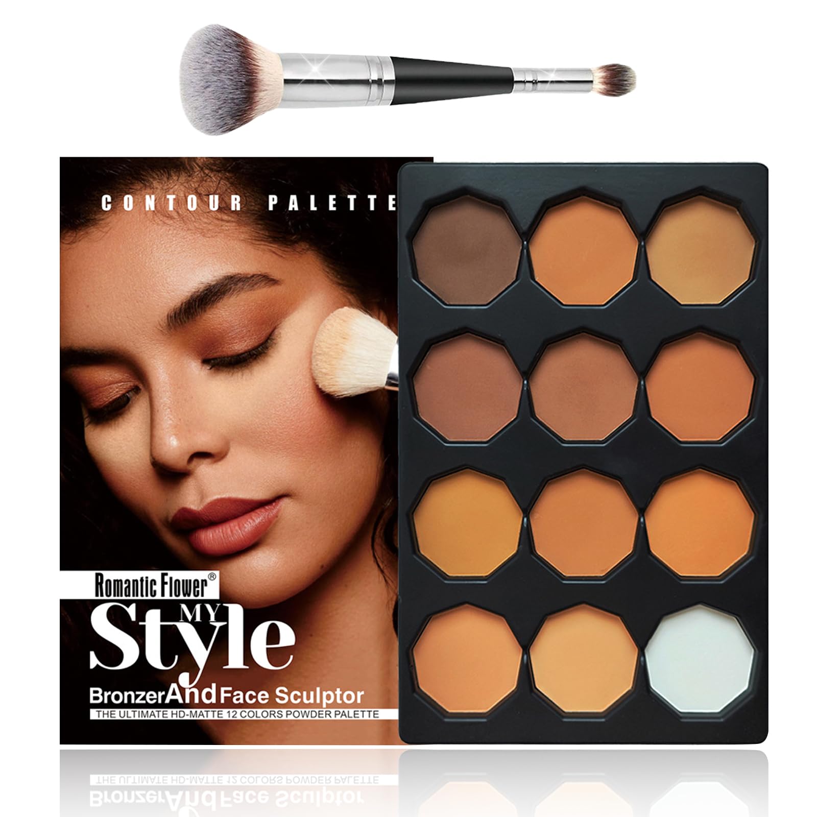 12 Colors Highlight Contour Palette Powder, Bronzer Palette, Medium to Dark, LongLasting & Blendable Powder, Create 3D Makeup E