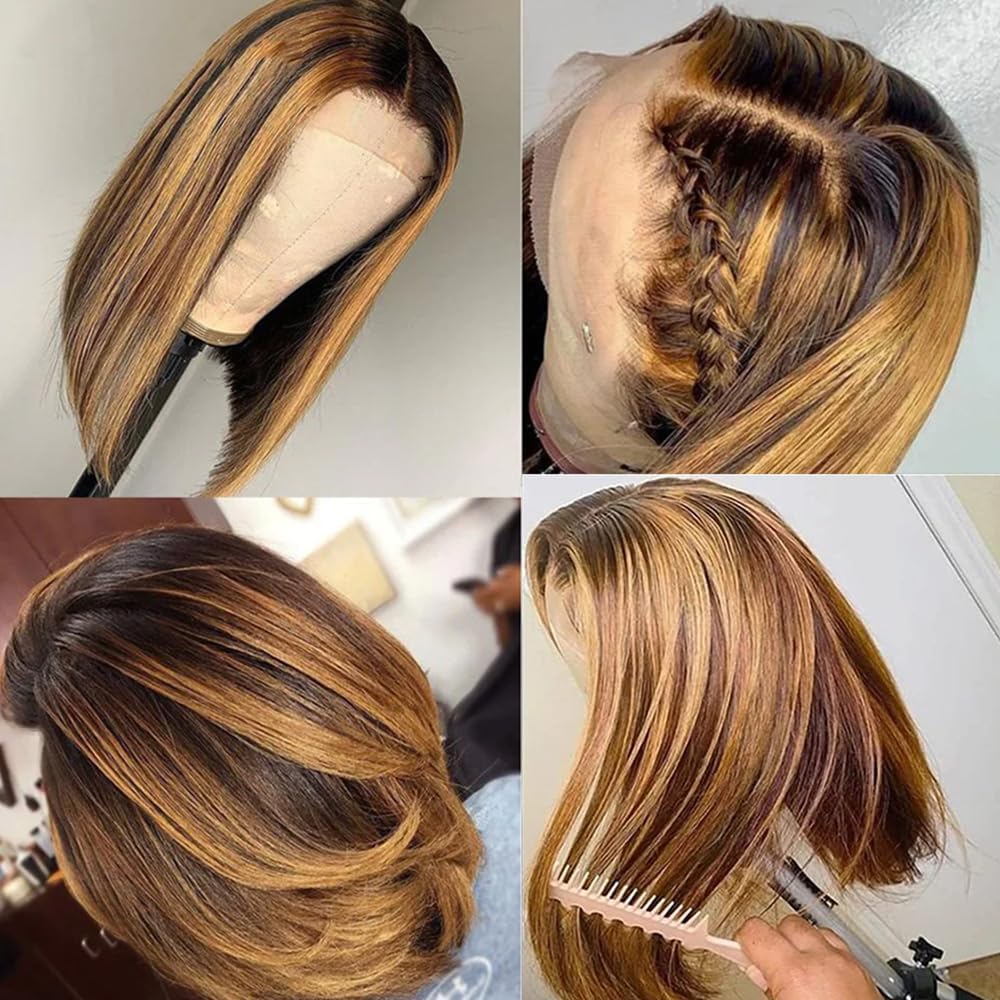 Superfect Highlight Lace Front Bob Wig Human Hair 14 Inch Ombre Honey Blonde 13X4 Hd Lace Front Wigs Human Hair Pre Plucked Midd