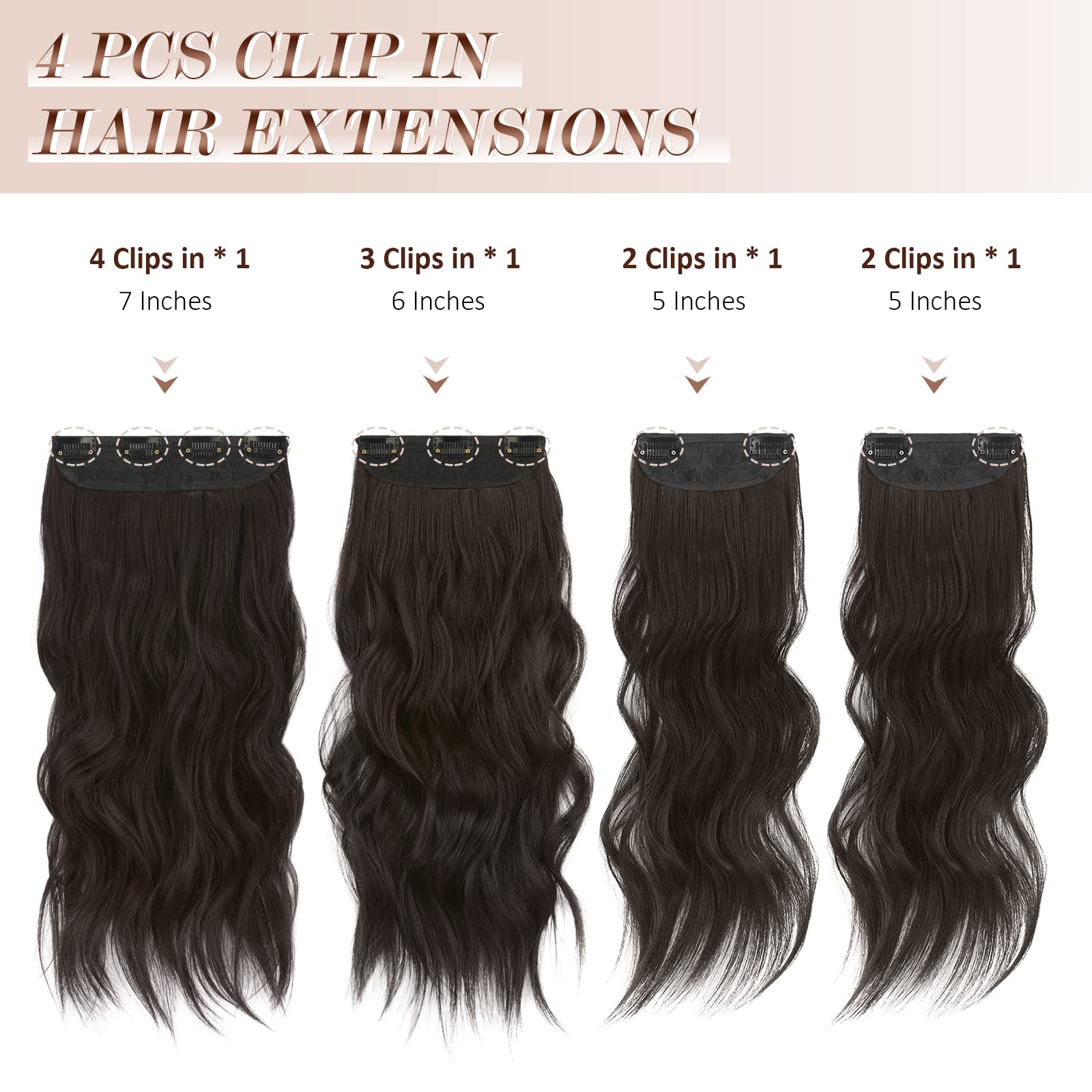 FESHFEN Clip in Hair Extensions - 4 PCS Long Wavy Thick Clip in Hairpieces Full Head Synthetic Hair Extension for Women, 20 Inch