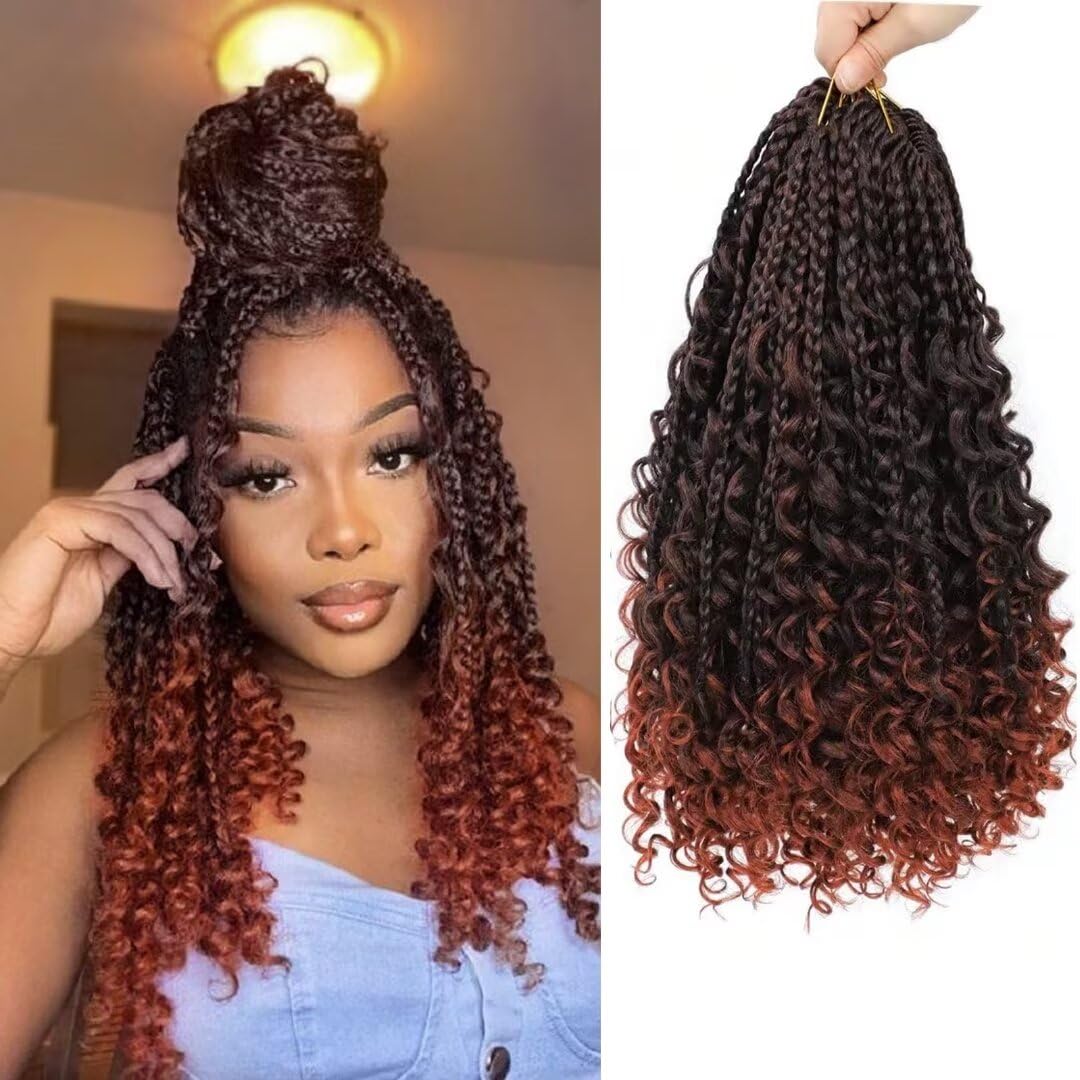 8 Packs Boho Box Braids Crochet Hair with Curly Ends 12 inch Copper Red Box Braid Crochet Hair with Curly Ends Goddess Box Braid