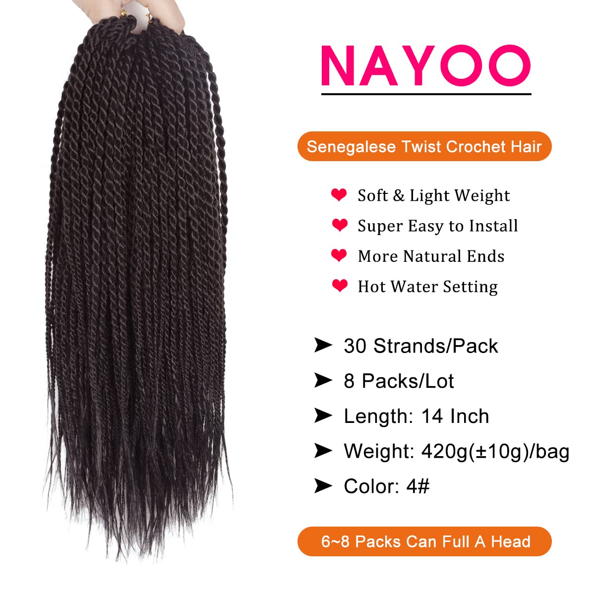 Nayoo Senegalese Twist Crochet Hair - 8 Packs 14 Inch Small Crochet Hair For Braiding, 30 Strands/Pack Crochet Braids Hair For B