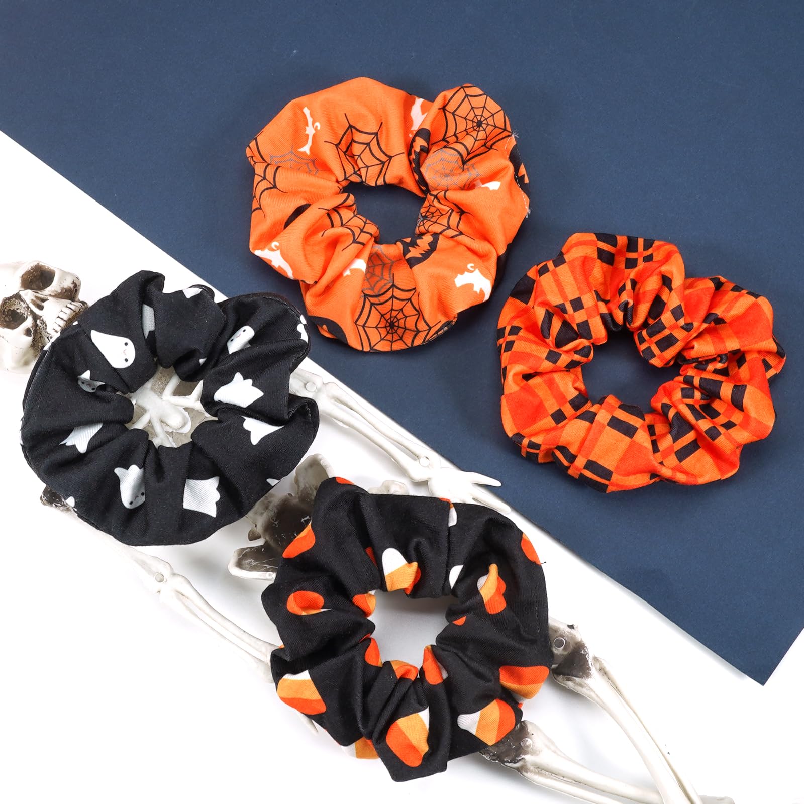 Bookay Halloween Hair Scrunchies Soft Fall Pumpkin Ghost Spider Web Bat Hair Ties Scrunchy Elastics Candy Fall Orange Plaid Hair