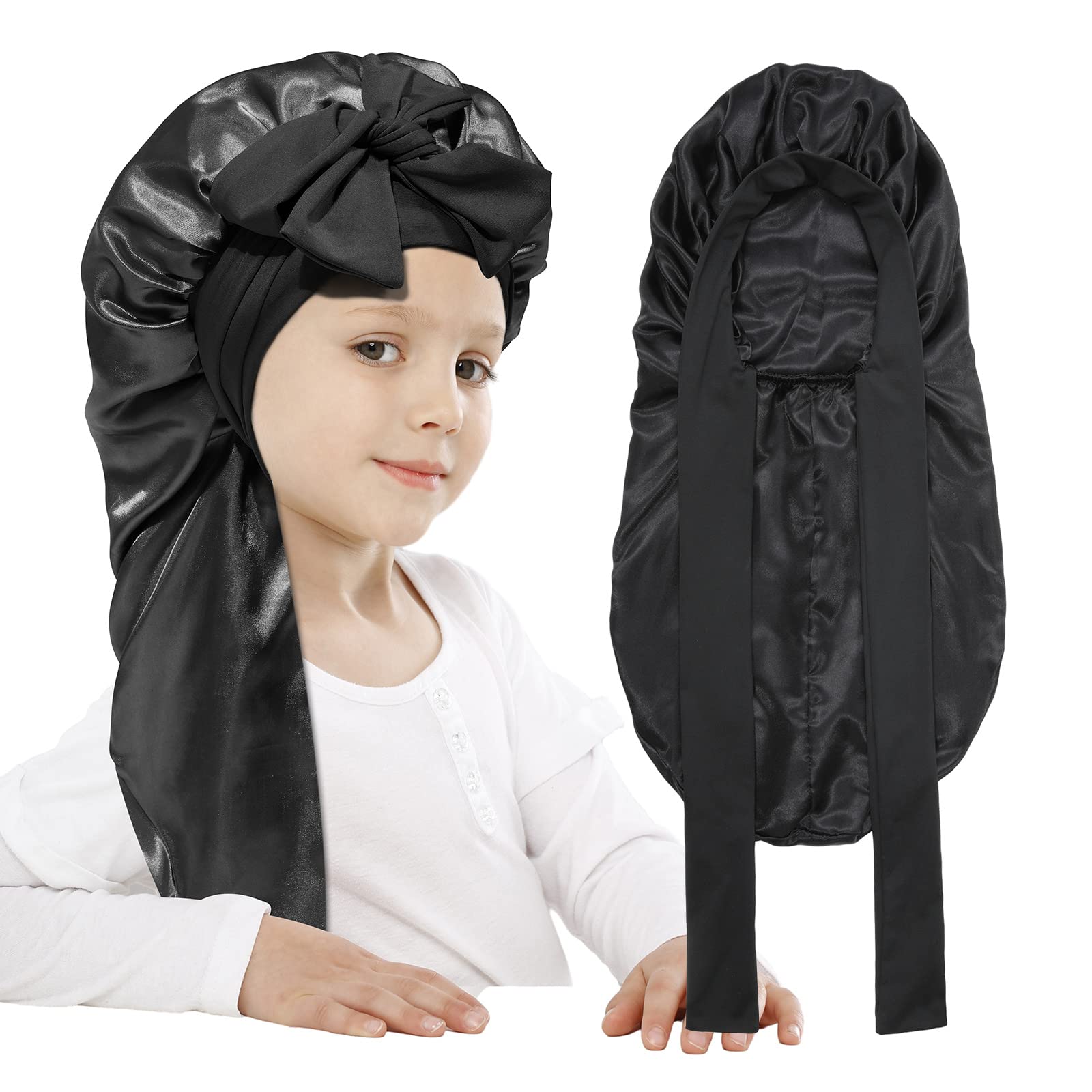 AWAYTR Long Toddler Silk Bonnet for Sleeping Elastic Satin Bonnets for Curly Hair Braid Bonnet Night Cap for Aged 3-12 Kids (Bla