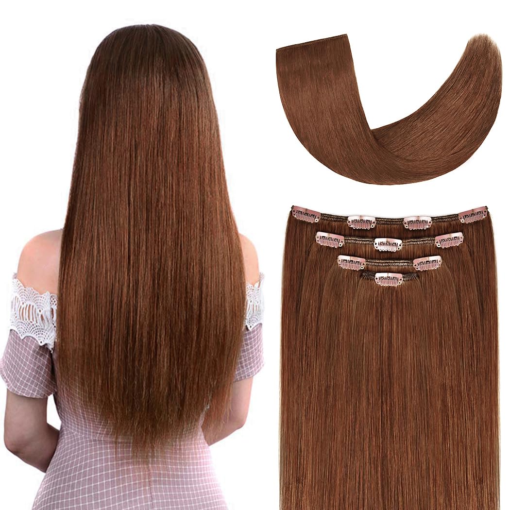 16'' Clip In Hair Extensions Remy Human Hair For Women - Silky Straight Human Hair Clip On Extensions Medium Auburn 55Grams 4Pie