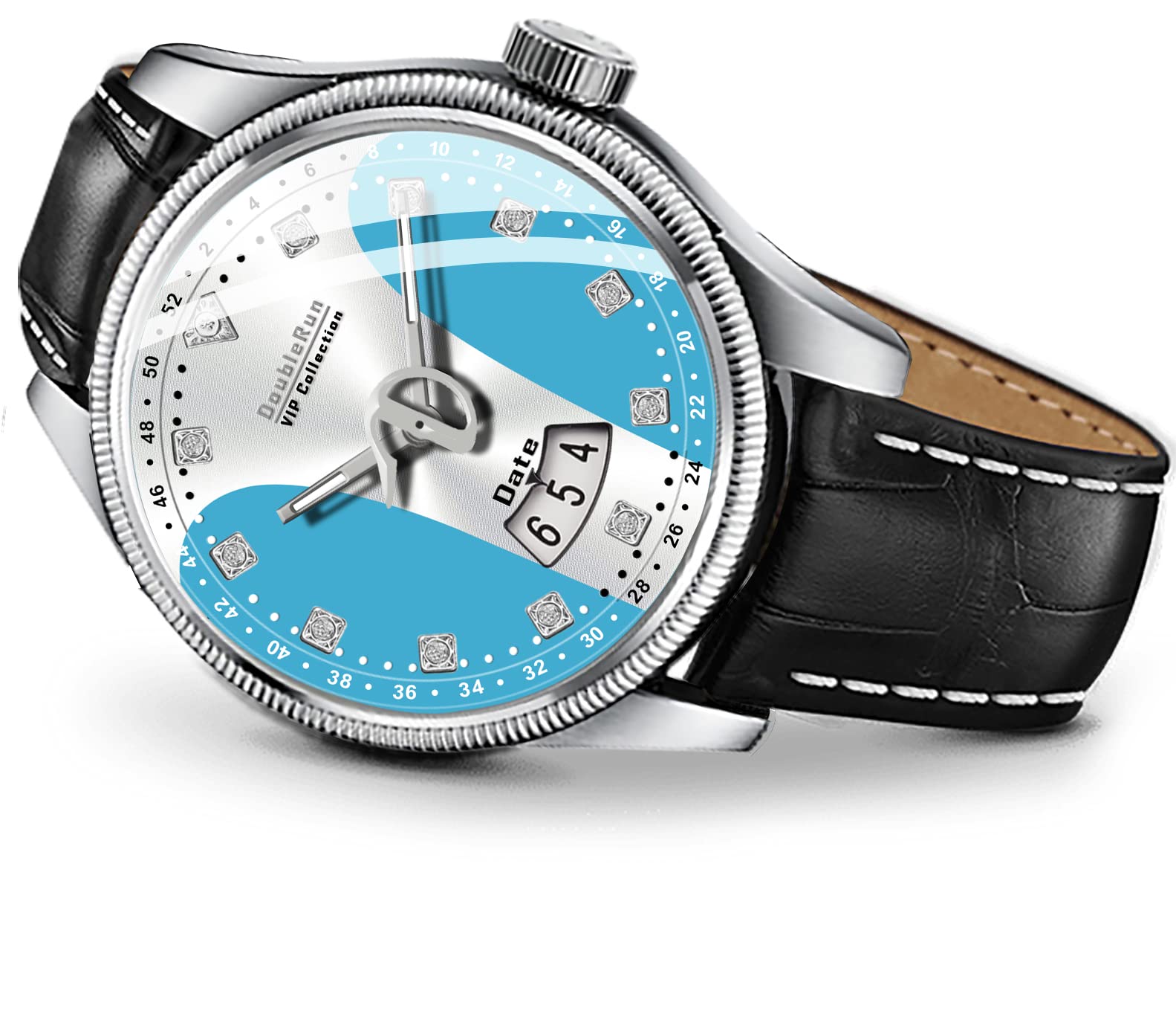 Doublerun 11027_3D Glass Date Display Two Tone Dial Leather Belt Analog Watch  For Men