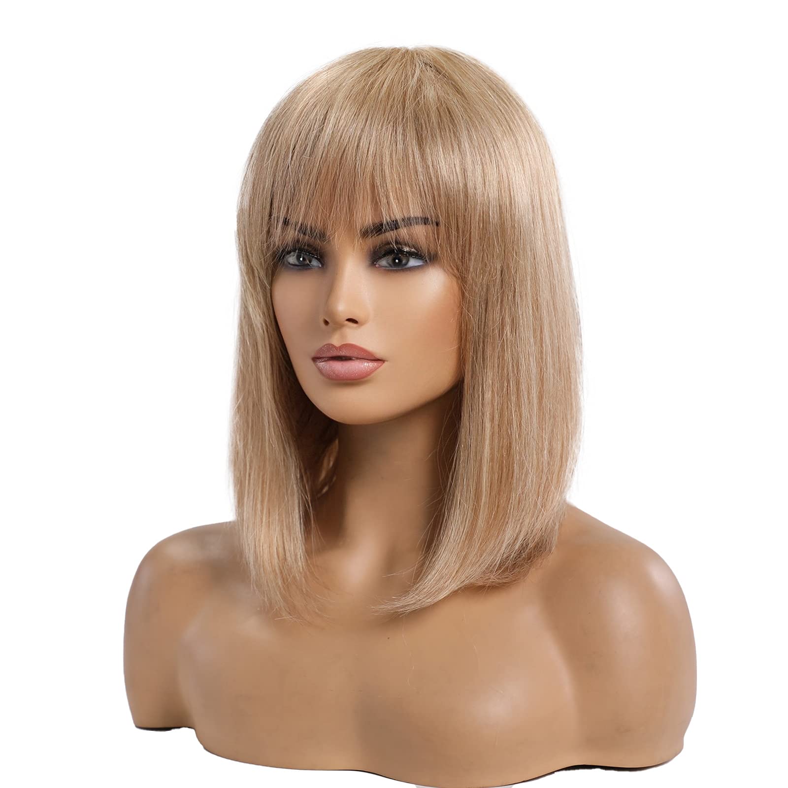 EMMOR Natural Blonde Human Hair Blend Wigs for Women and Lady,Shoulder Length Bob Wig Blend With Healthy Kanekalon Fiber with Ba