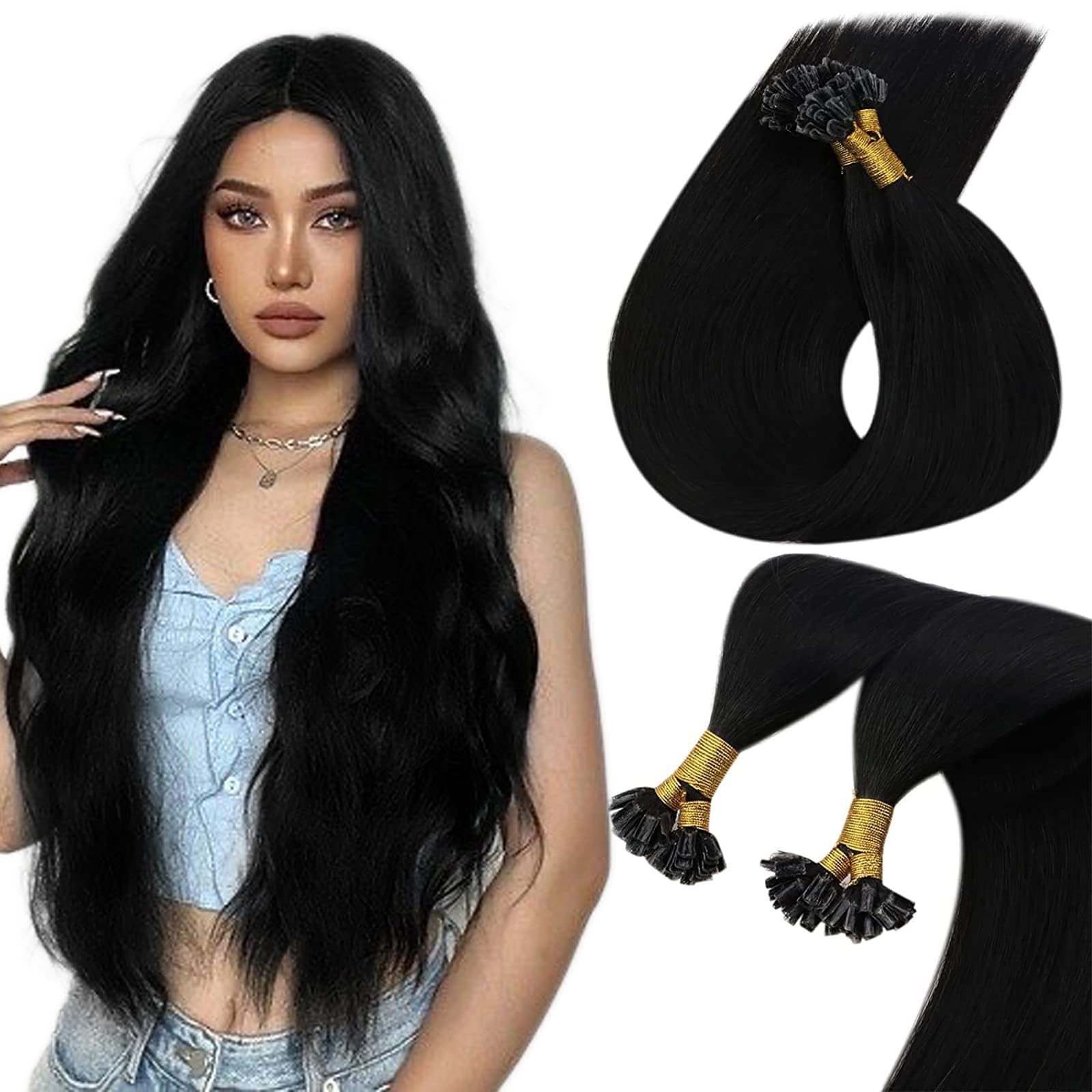 Sunny U Tips Extensions Real Human Hair Black U Tip Human Hair Extensions Jet Black Hot Fusion U Tips Hair Extensions Straight H