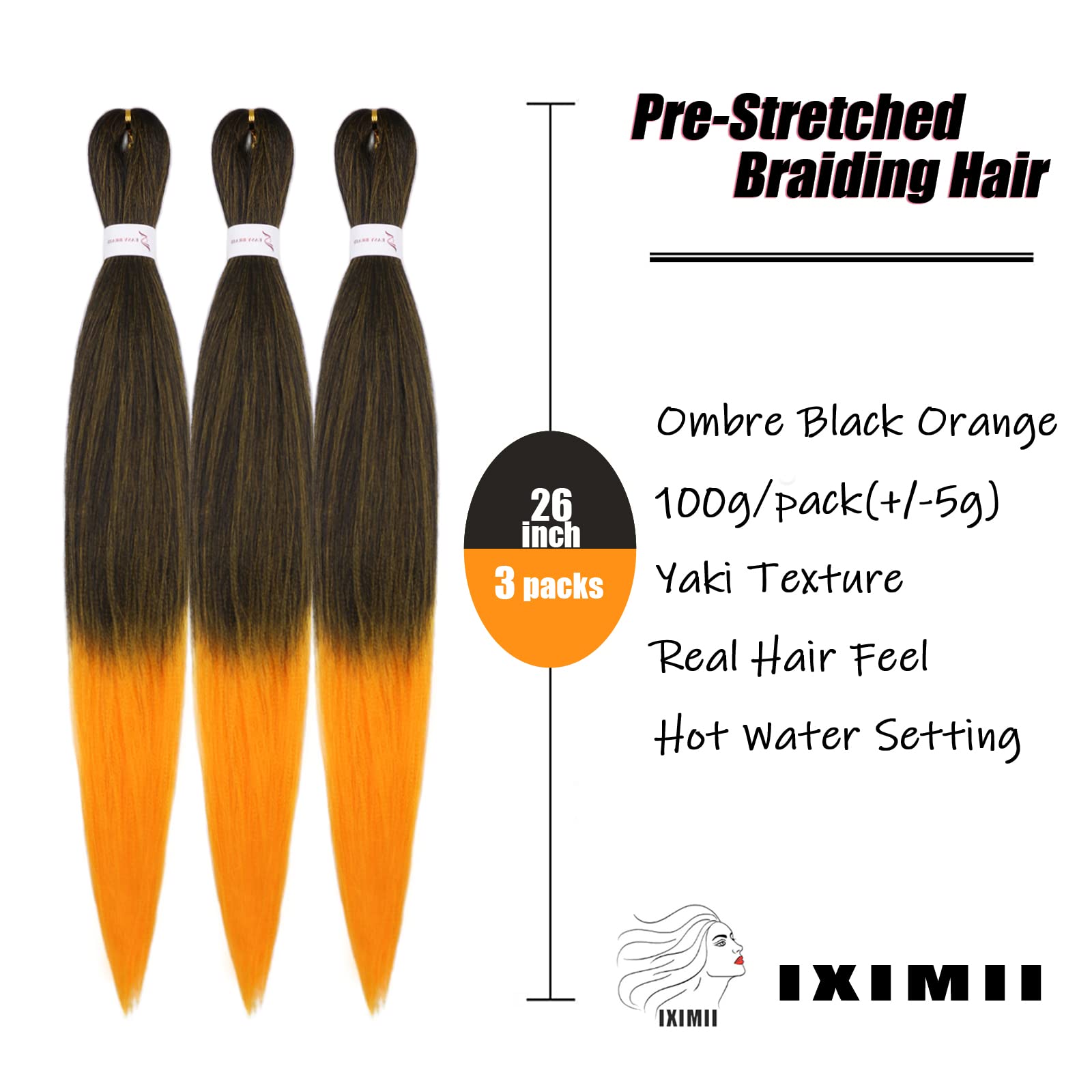 Iximii Black And Orange Pre Stretched Braiding Hair 26 Inch 3 Packs Prestretched Kanekalon Hair Soft Long Straight Synthetic Cro