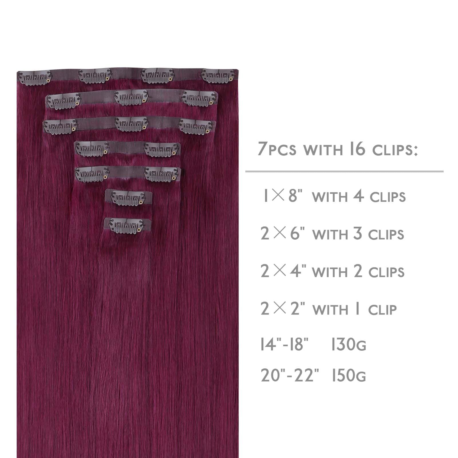 Wennalife Seamless Clip In Hair Extensions Human Hair, 18 Inch 130G 7Pcs Light Burgundy Real Hair Extensions Clip In Human Hair