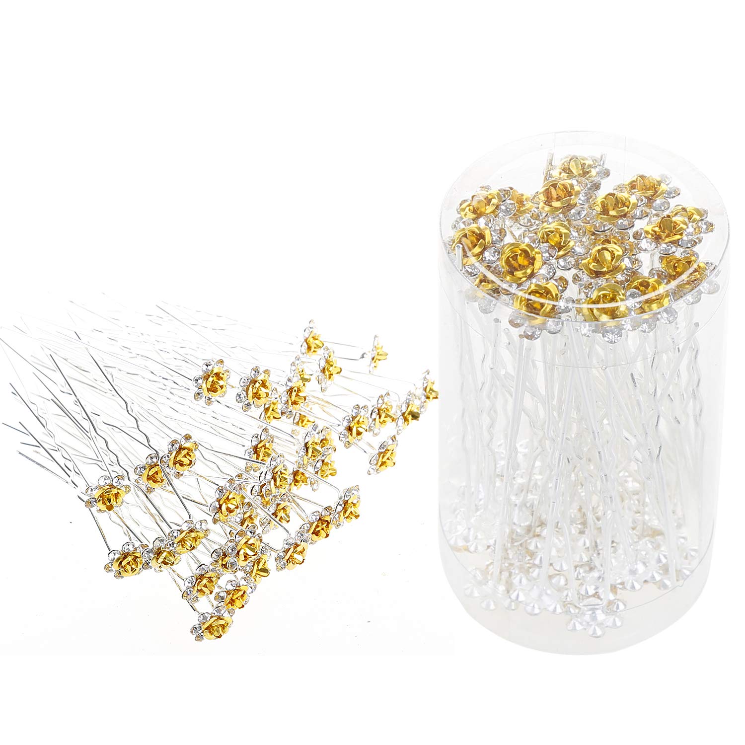 Betiteto 40 Pcs U-Shaped Flower Rhinestone Hair Pins Crystal Hair Accessories For Bridal Wedding Party Girls' Sweet Sixteen (Yel