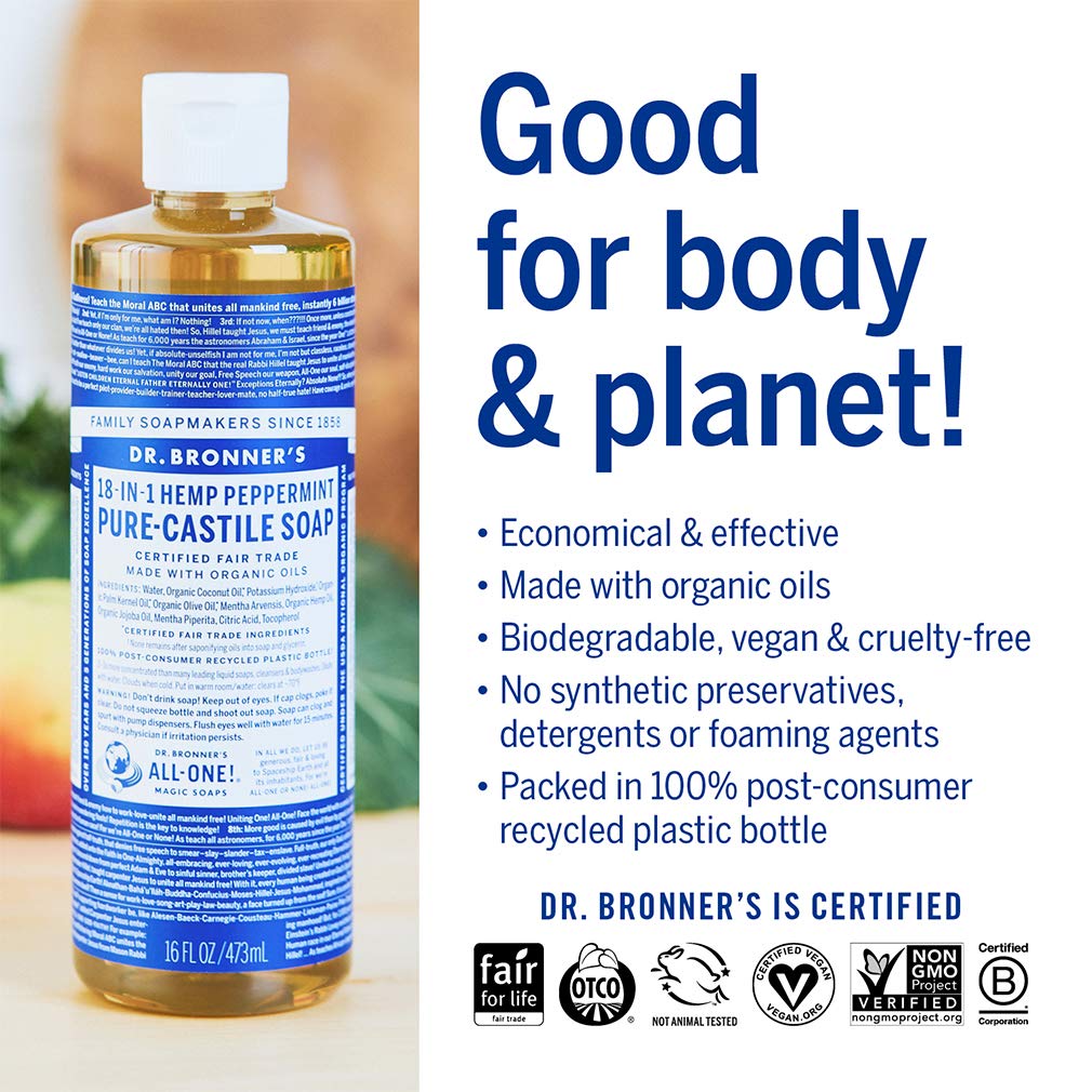 Dr Bronneras - Pure-Castile Liquid Soap (Peppermint, 16 Ounce) - Made With Organic Oils, 18-In-1 Uses: Face, Body, Hair, Laundry
